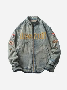 1984 Hip-hop Badge Embroidered Do-over Denim Jacket - 1911