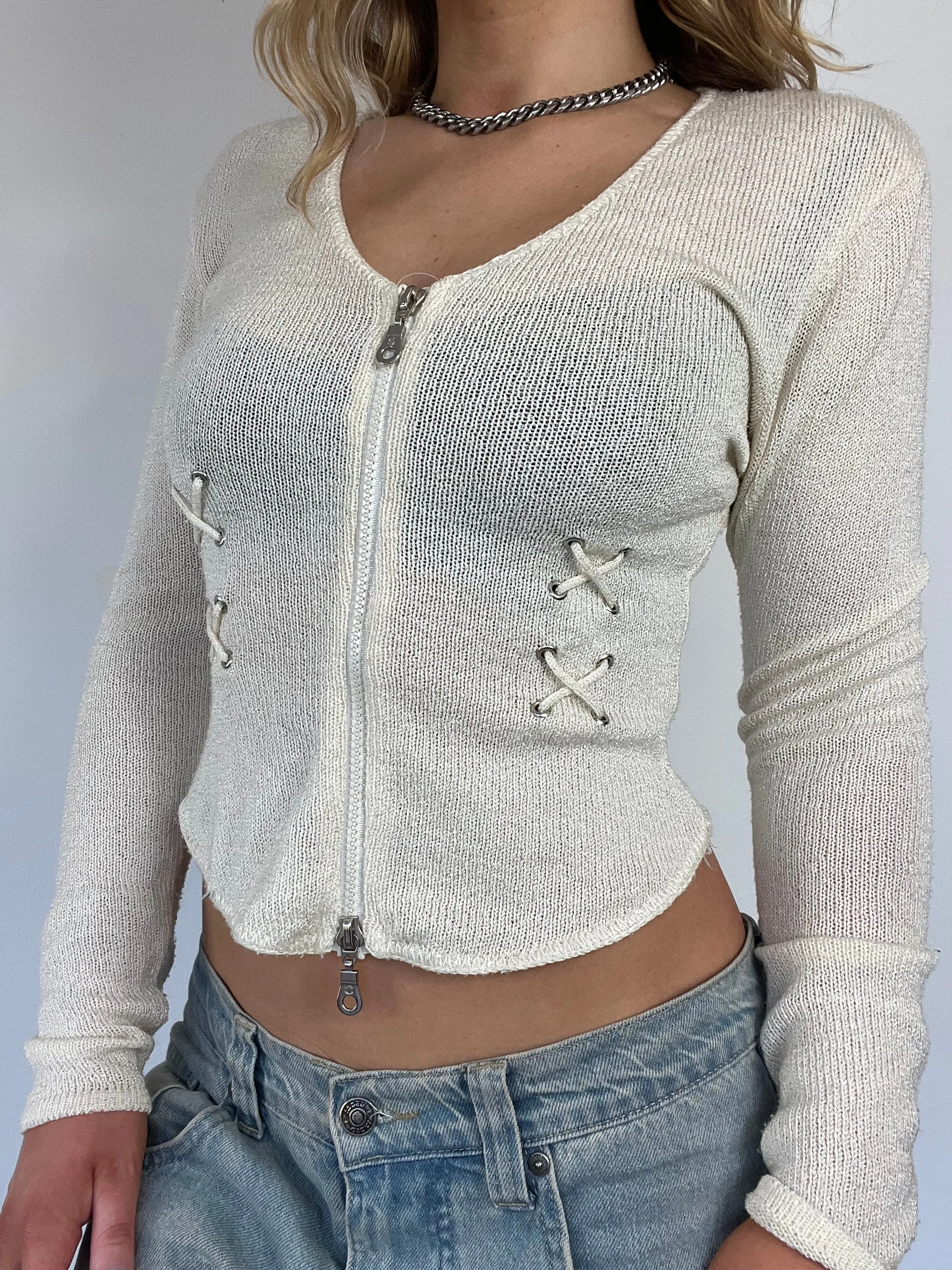 90s cream knit double zip cardigan - Size S/M