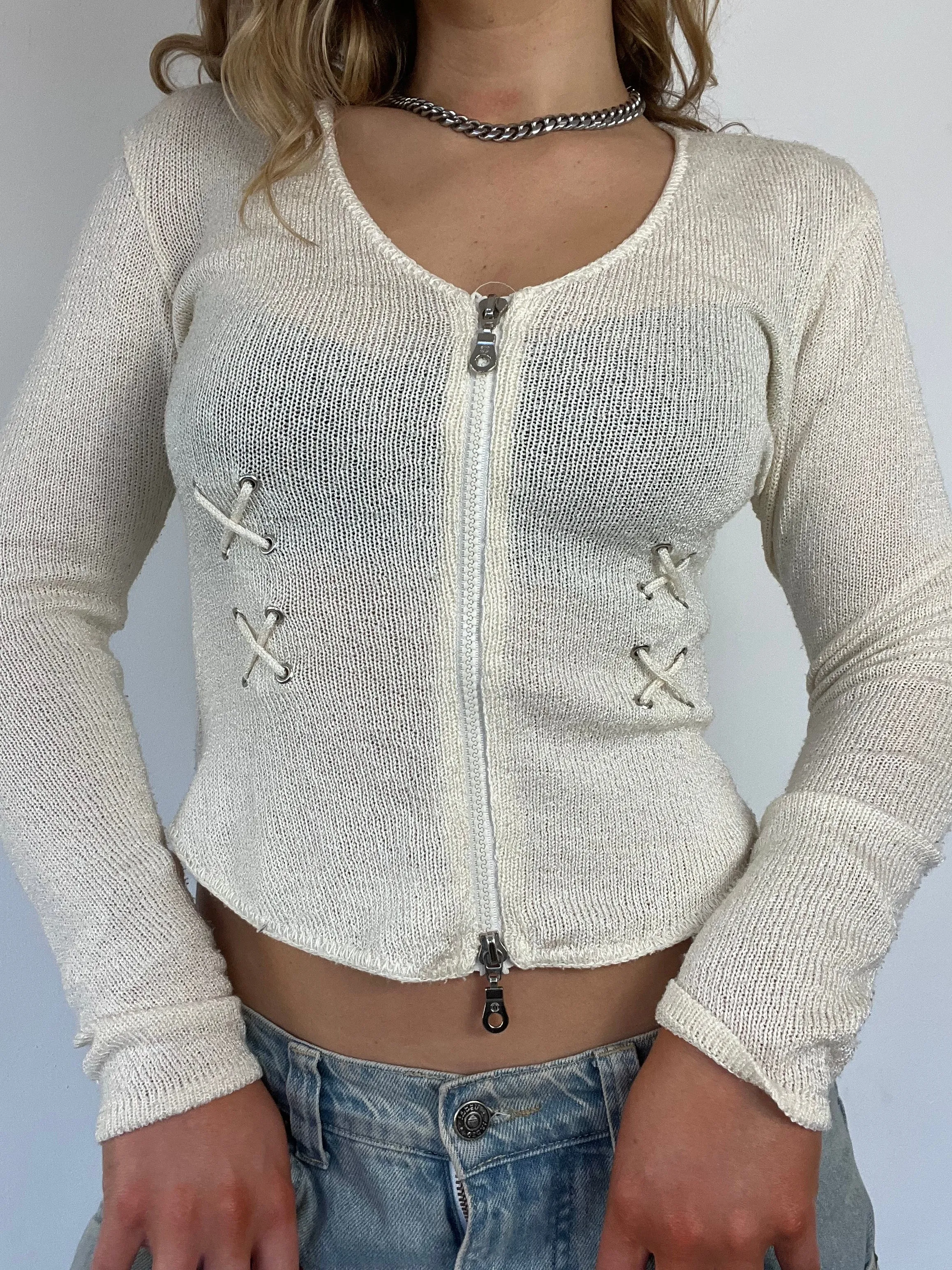 90s cream knit double zip cardigan - Size S/M