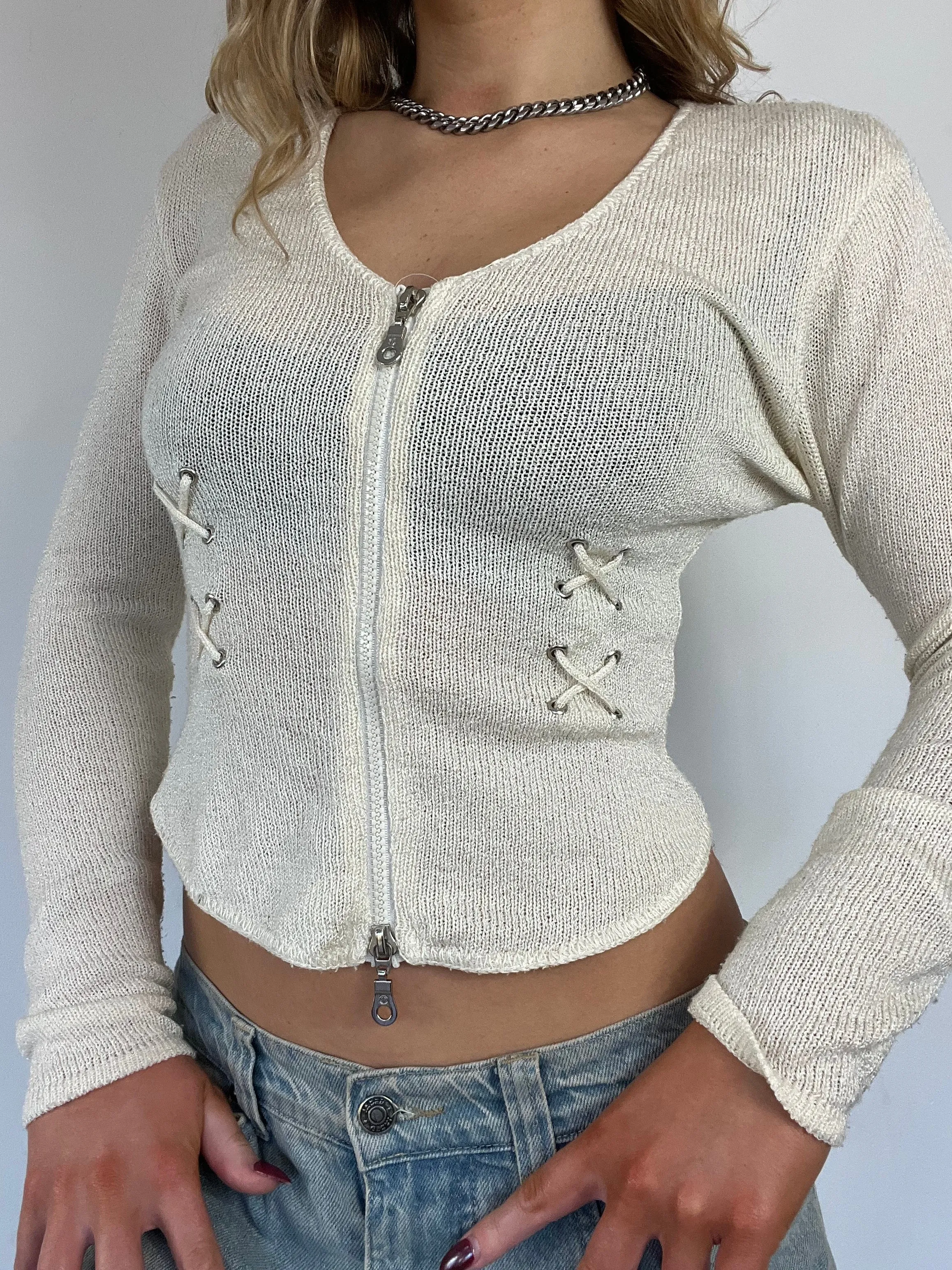 90s cream knit double zip cardigan - Size S/M