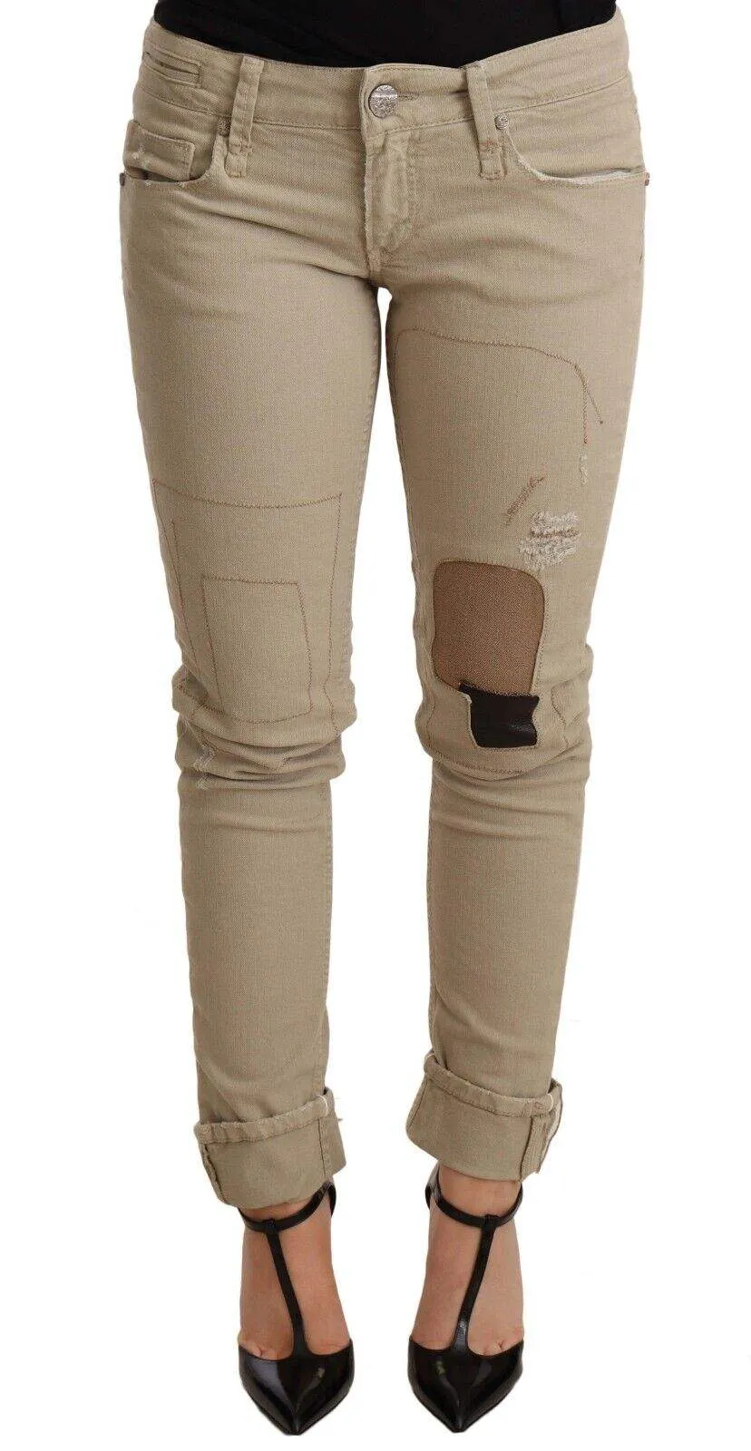 Acht Beige Denim Cotton Bottom Slim Fit Folded Pant