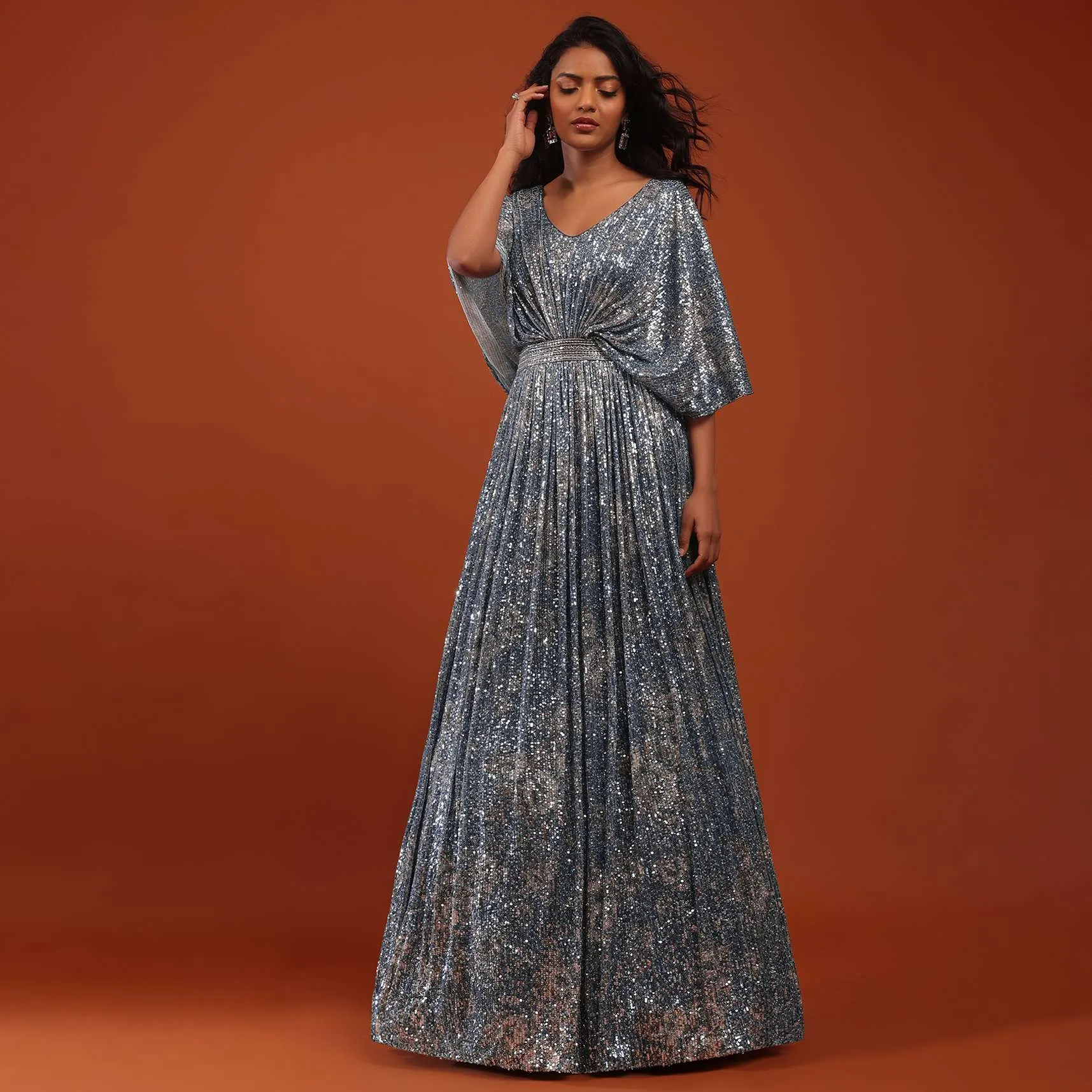 Allure Blue Crushed Sequins Kaftan Gown With An Embellished Waistbelt