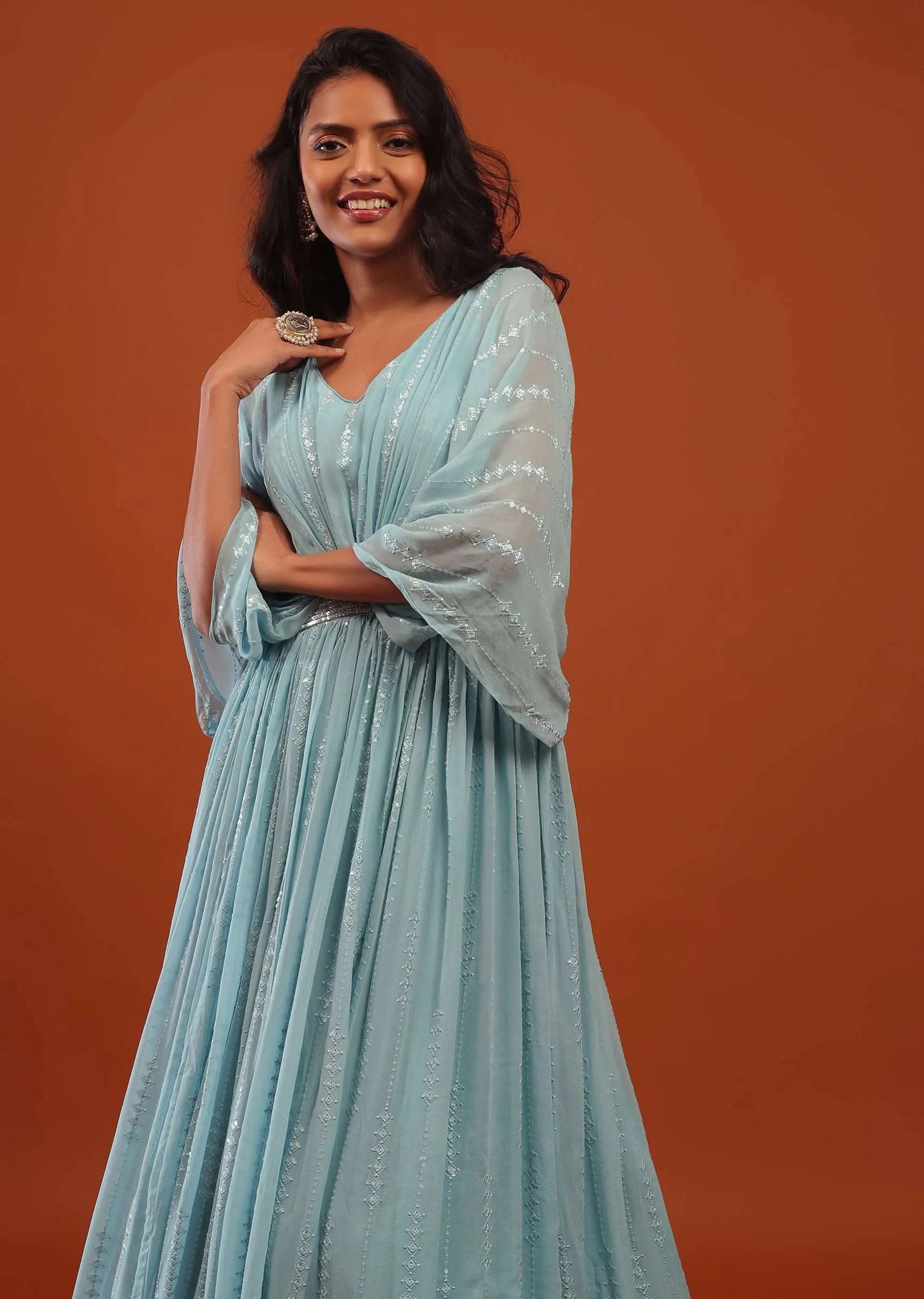Aquatic Blue Thread And Sequins Embroidered Georgette Kaftan Gown