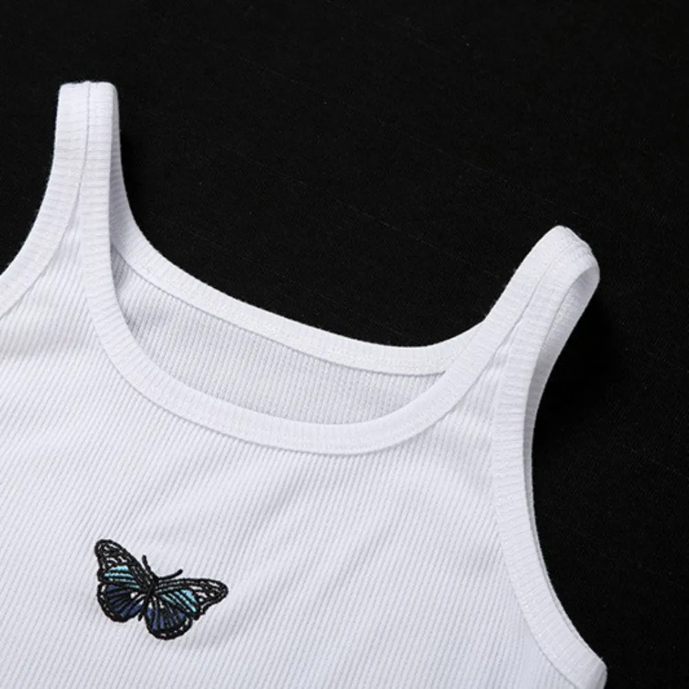 Butterfly Embroidered Halter Tank Tops