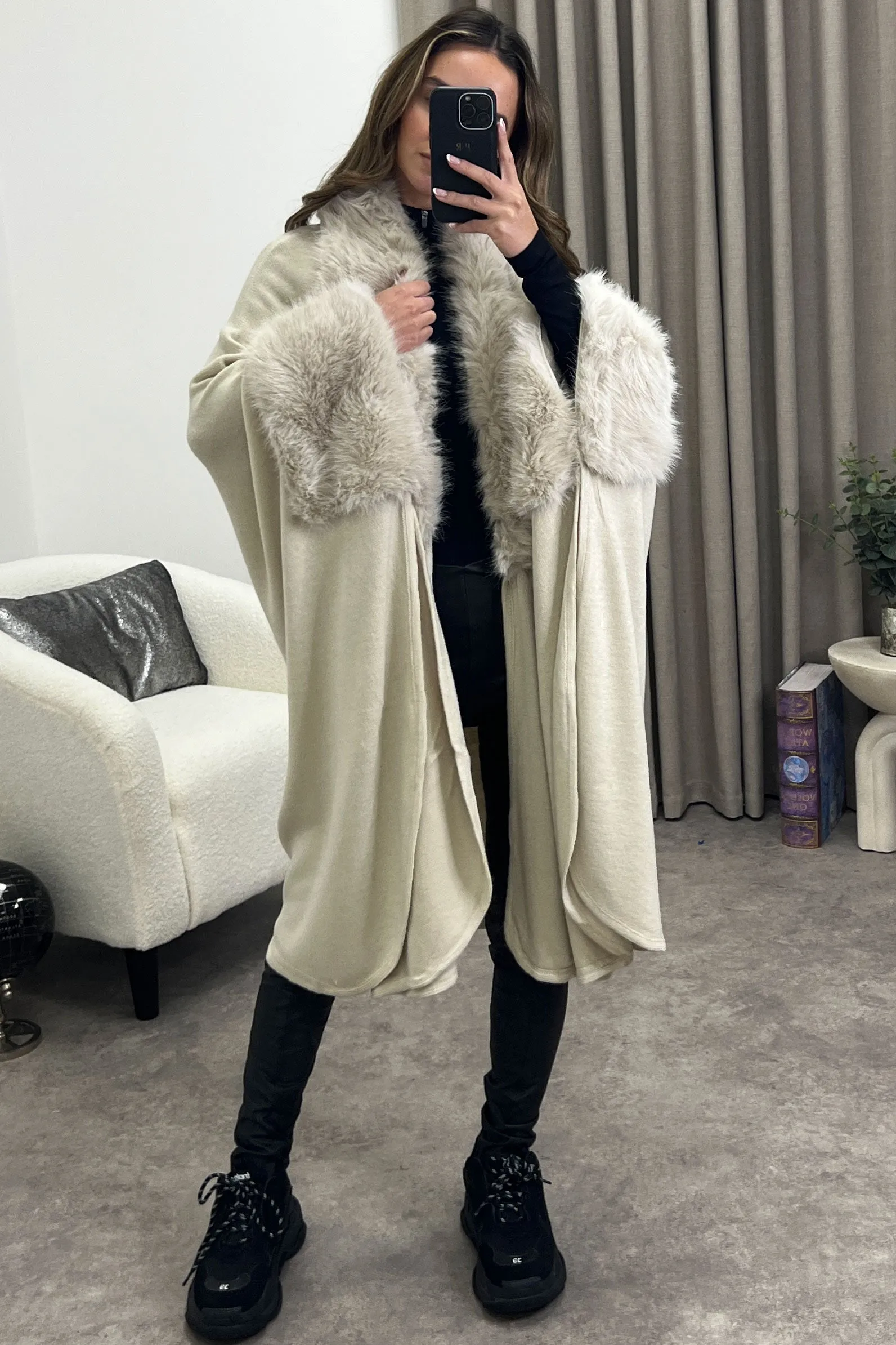Channon Beige Faux Fur Trim Open Front Cape