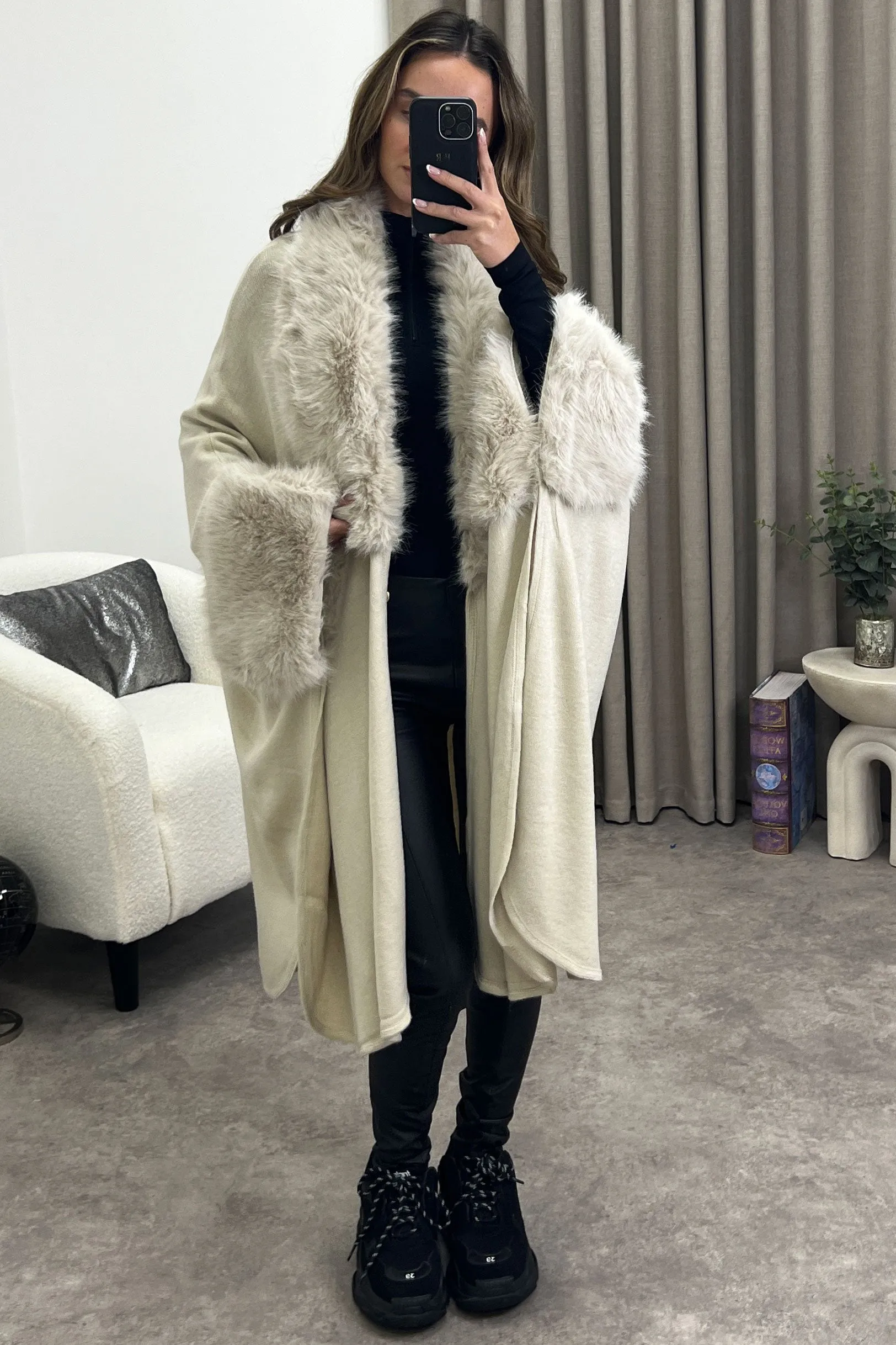 Channon Beige Faux Fur Trim Open Front Cape