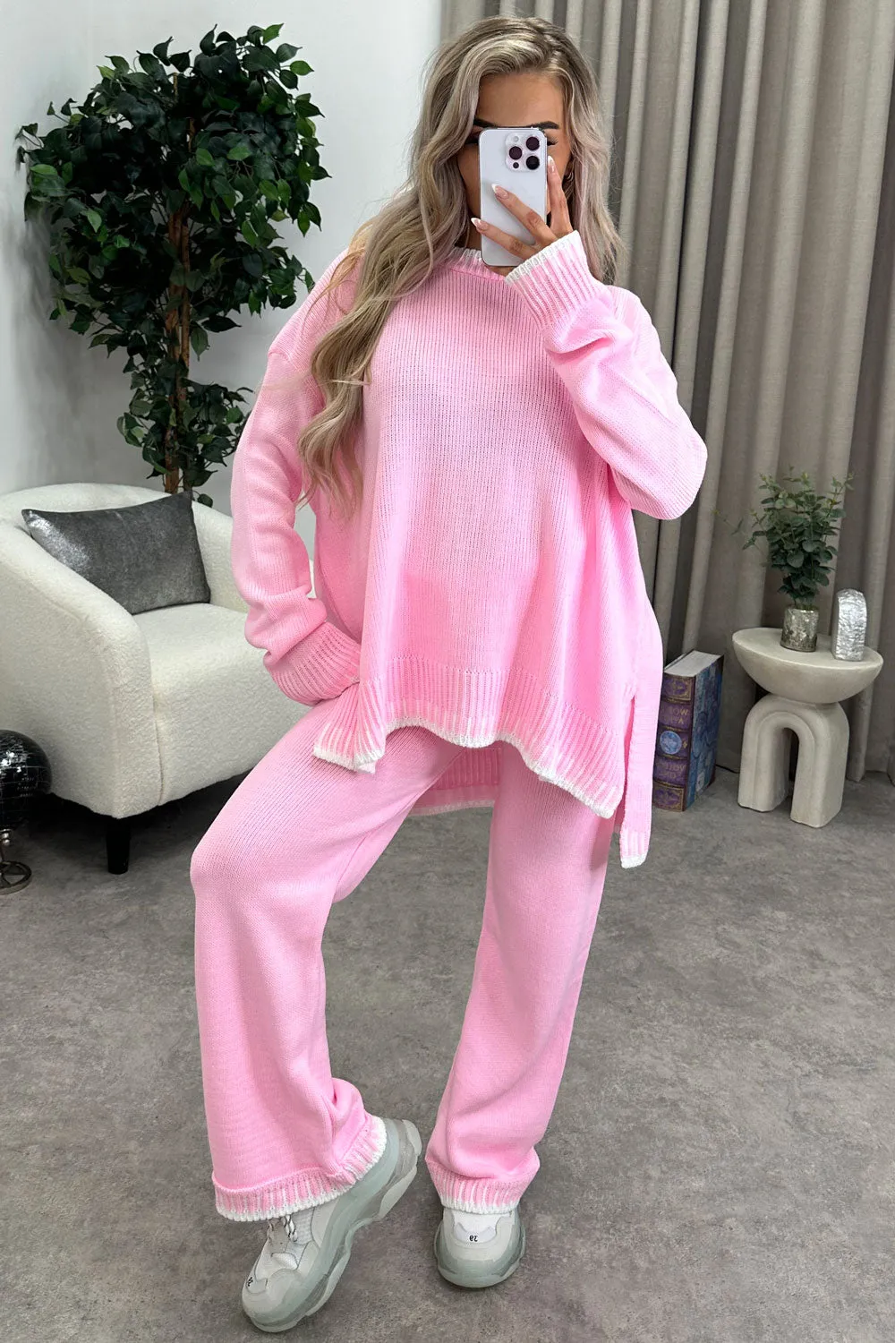 Cloe Pink Contrast Trim Knitted Jumper and Wide Leg Trousers Co-Ord Set