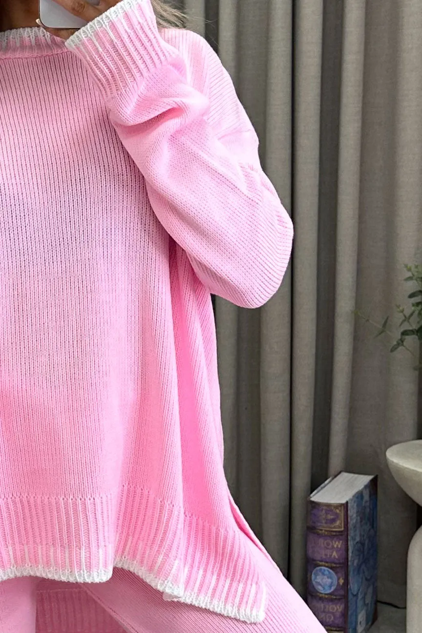 Cloe Pink Contrast Trim Knitted Jumper and Wide Leg Trousers Co-Ord Set