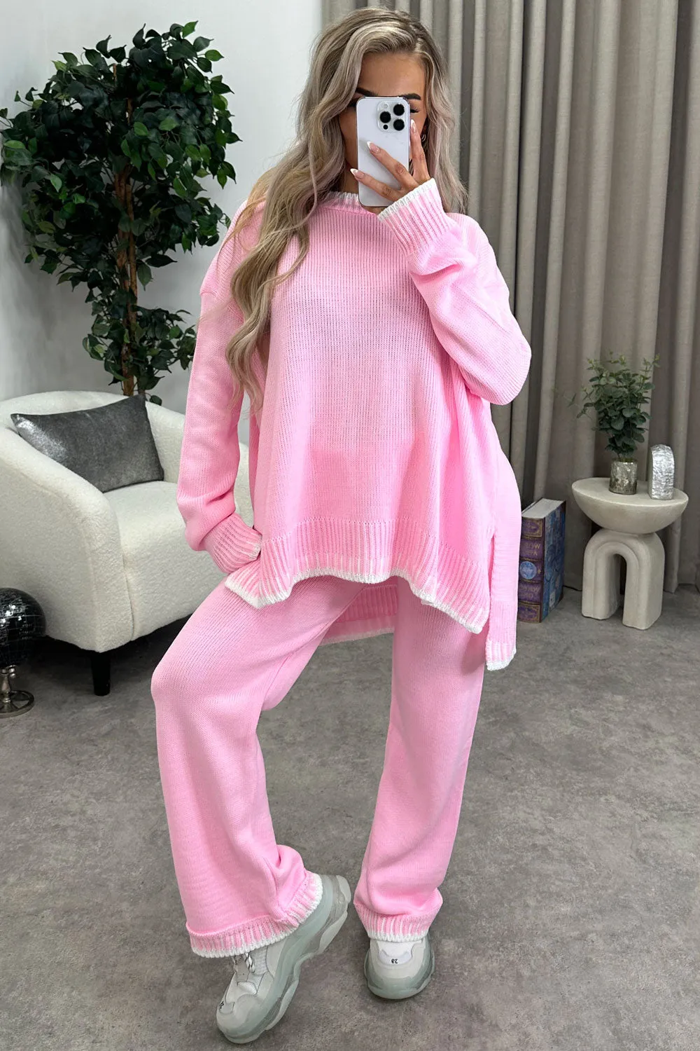 Cloe Pink Contrast Trim Knitted Jumper and Wide Leg Trousers Co-Ord Set