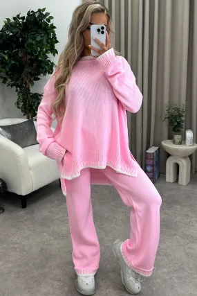 Cloe Pink Contrast Trim Knitted Jumper and Wide Leg Trousers Co-Ord Set
