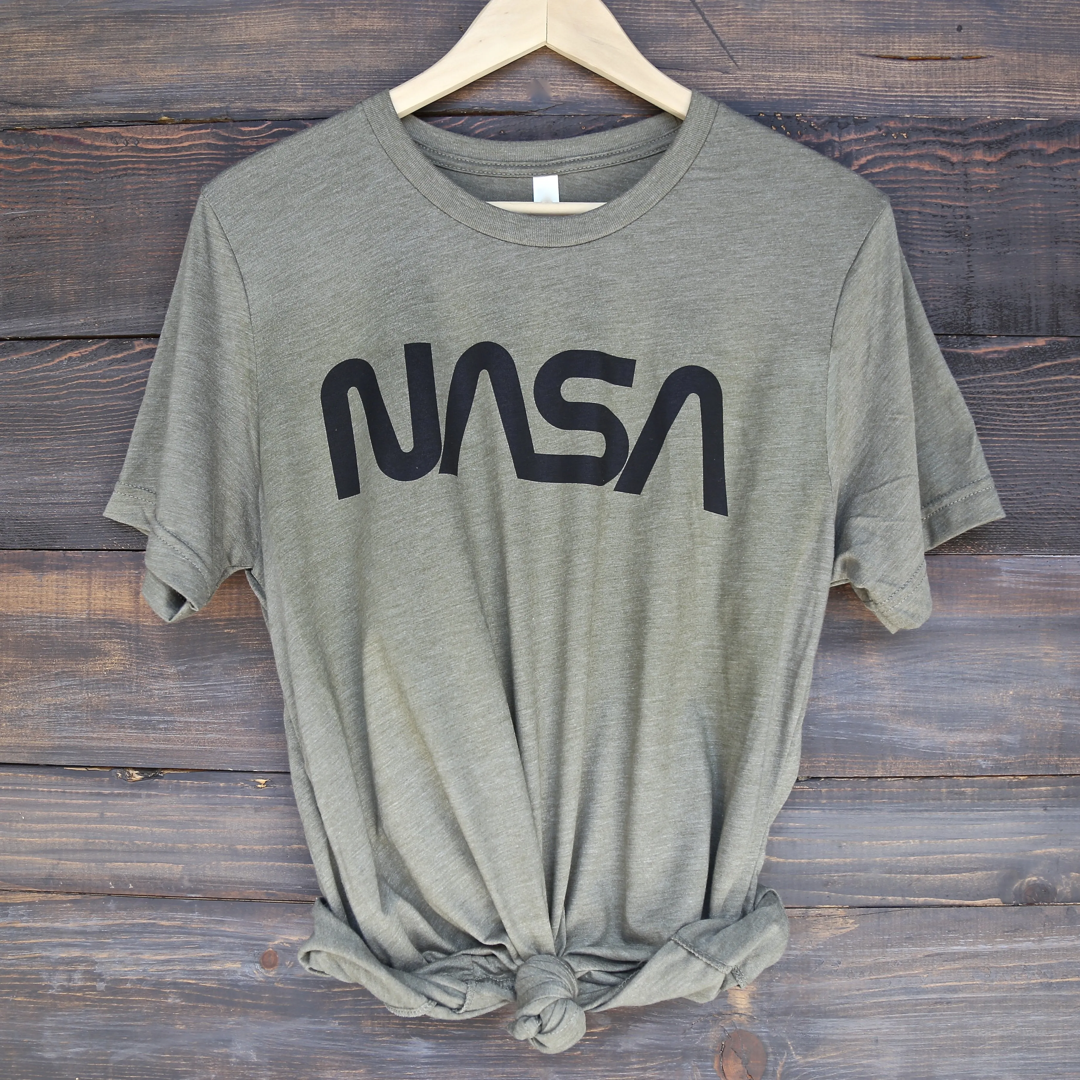 Distracted - Vintage/Retro NASA Worm Logo Unisex Graphic Tee in Olive/Black