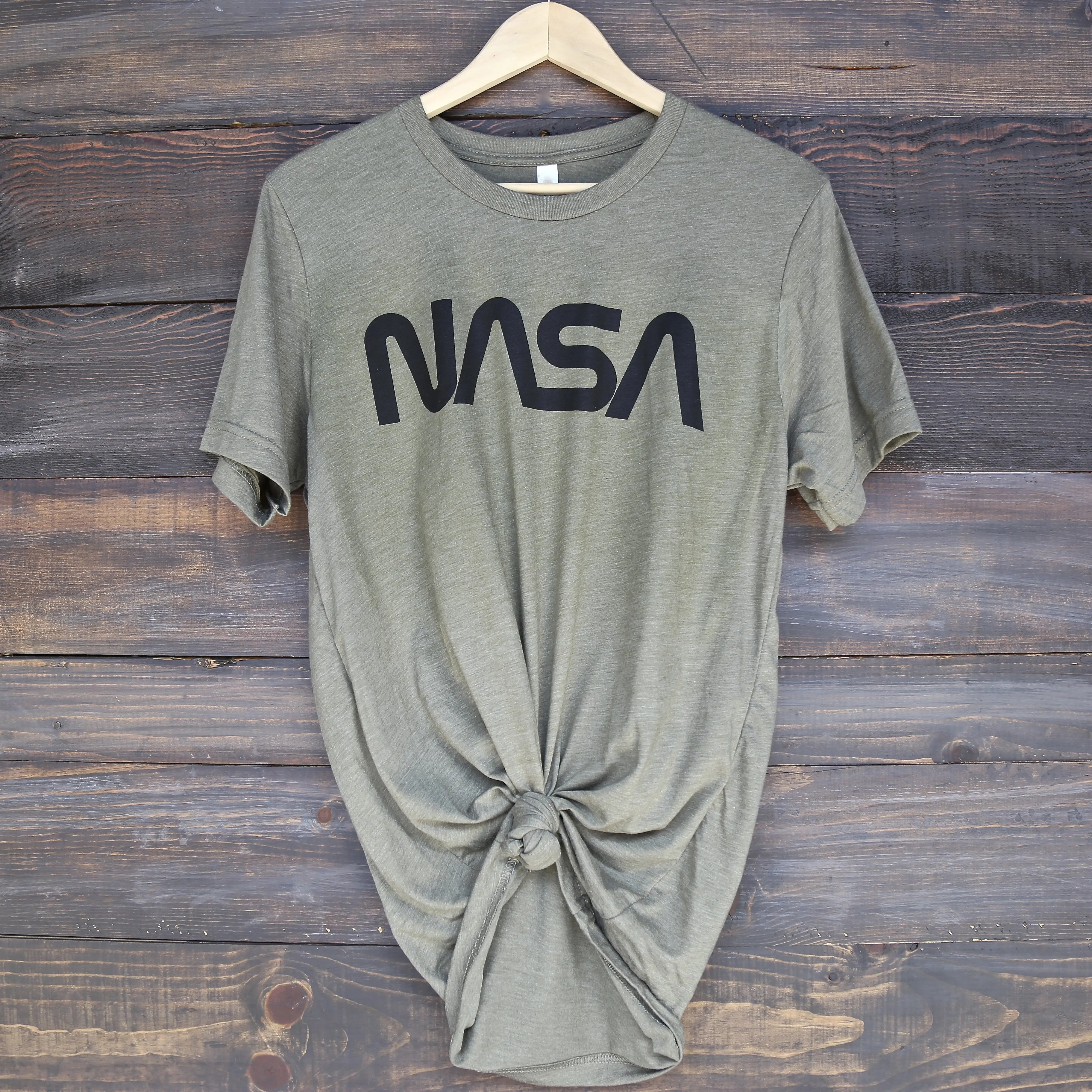Distracted - Vintage/Retro NASA Worm Logo Unisex Graphic Tee in Olive/Black