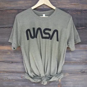 Distracted - Vintage/Retro NASA Worm Logo Unisex Graphic Tee in Olive/Black