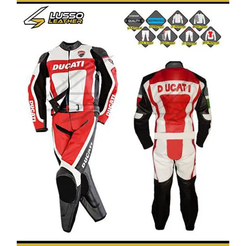 Ducati red, white and black motorcycle leather suit