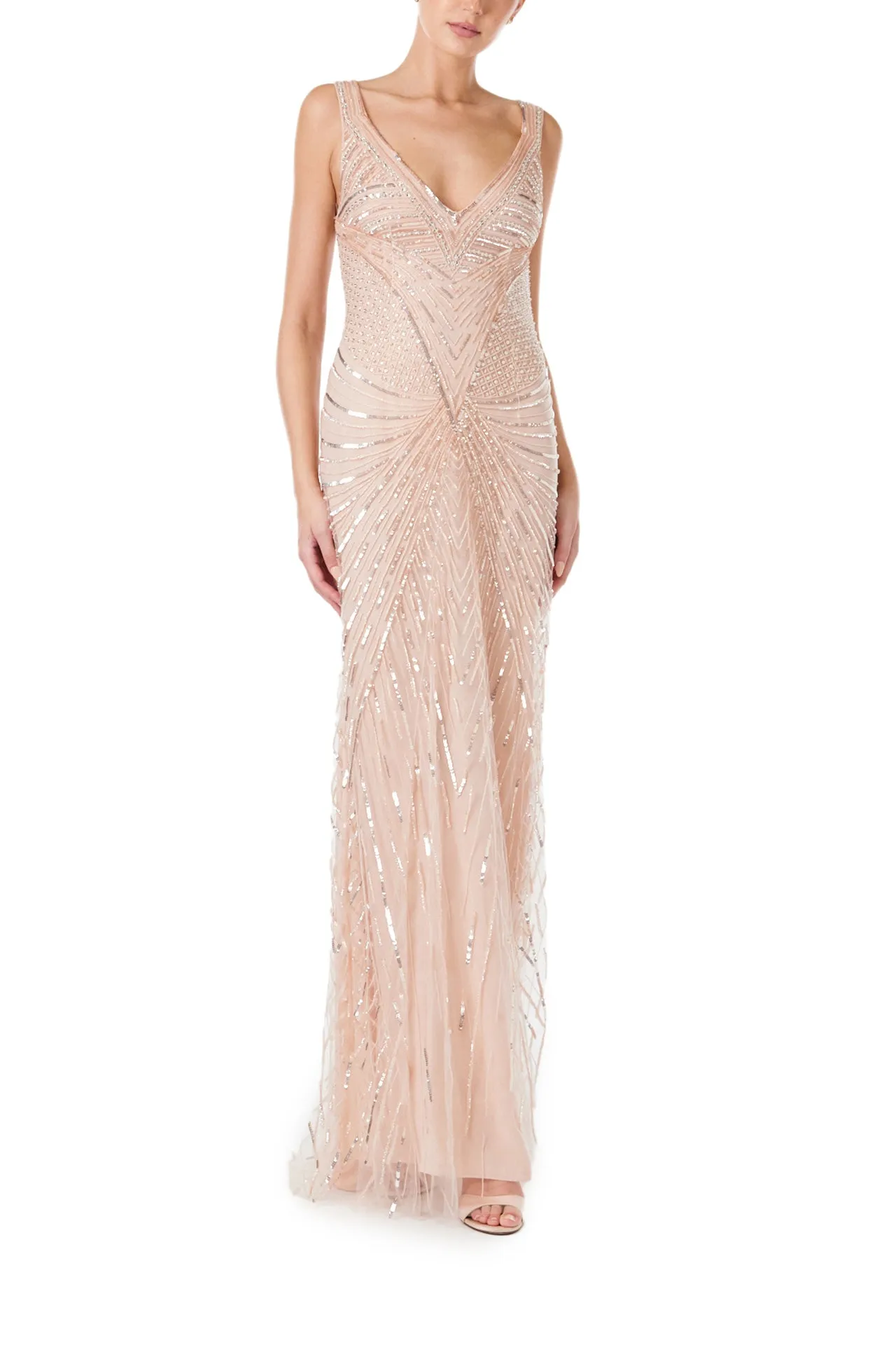 Embroidered Tulle Deep V-Neck Gown