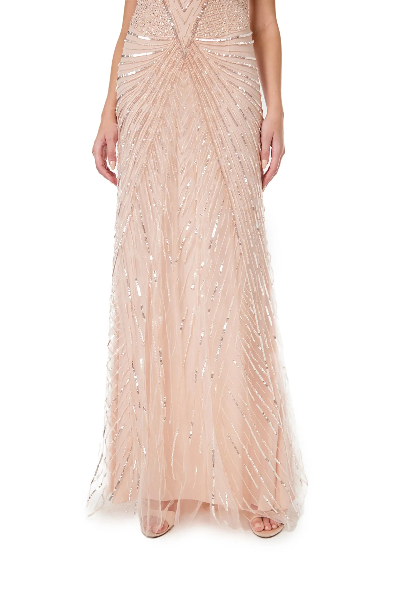 Embroidered Tulle Deep V-Neck Gown