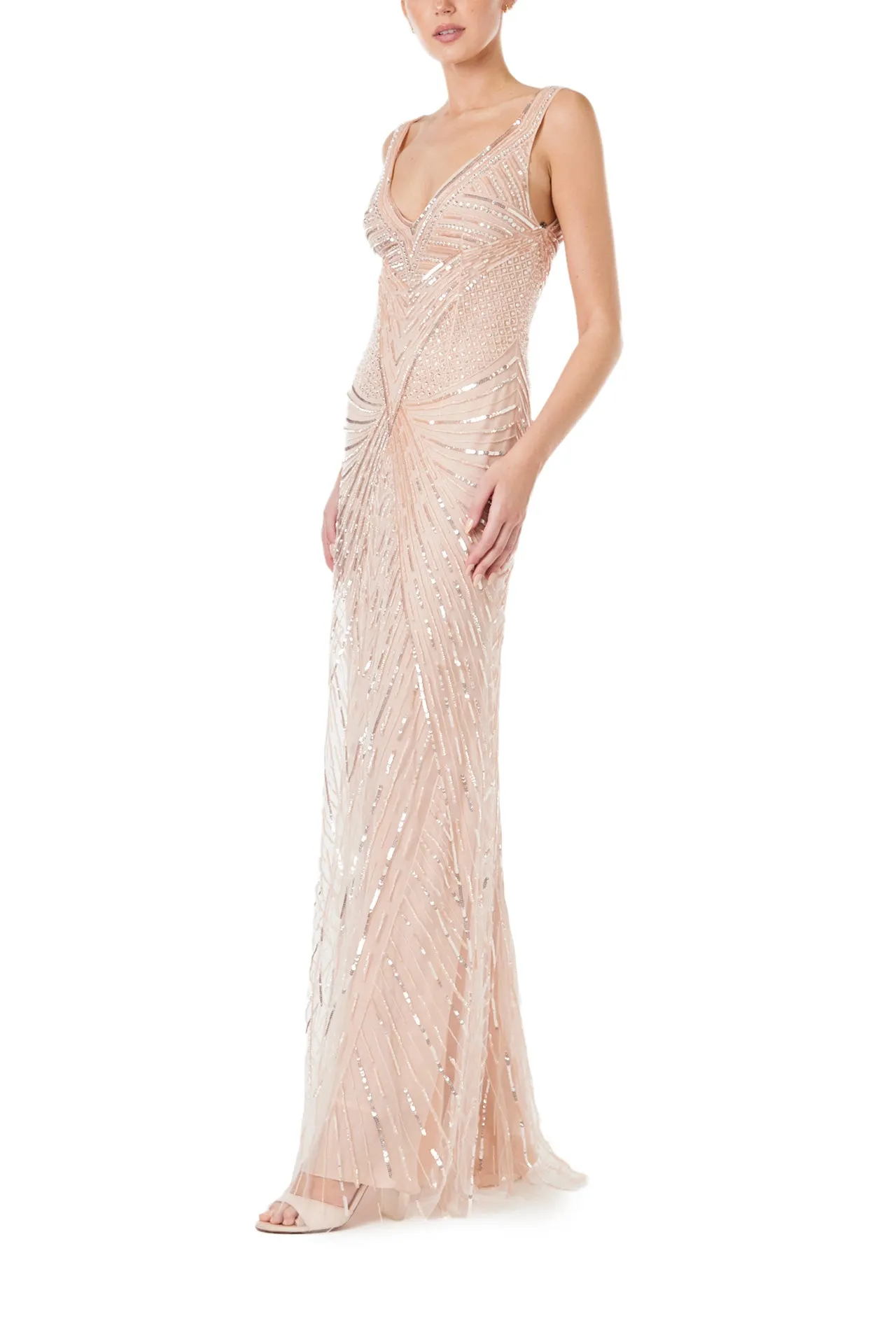 Embroidered Tulle Deep V-Neck Gown