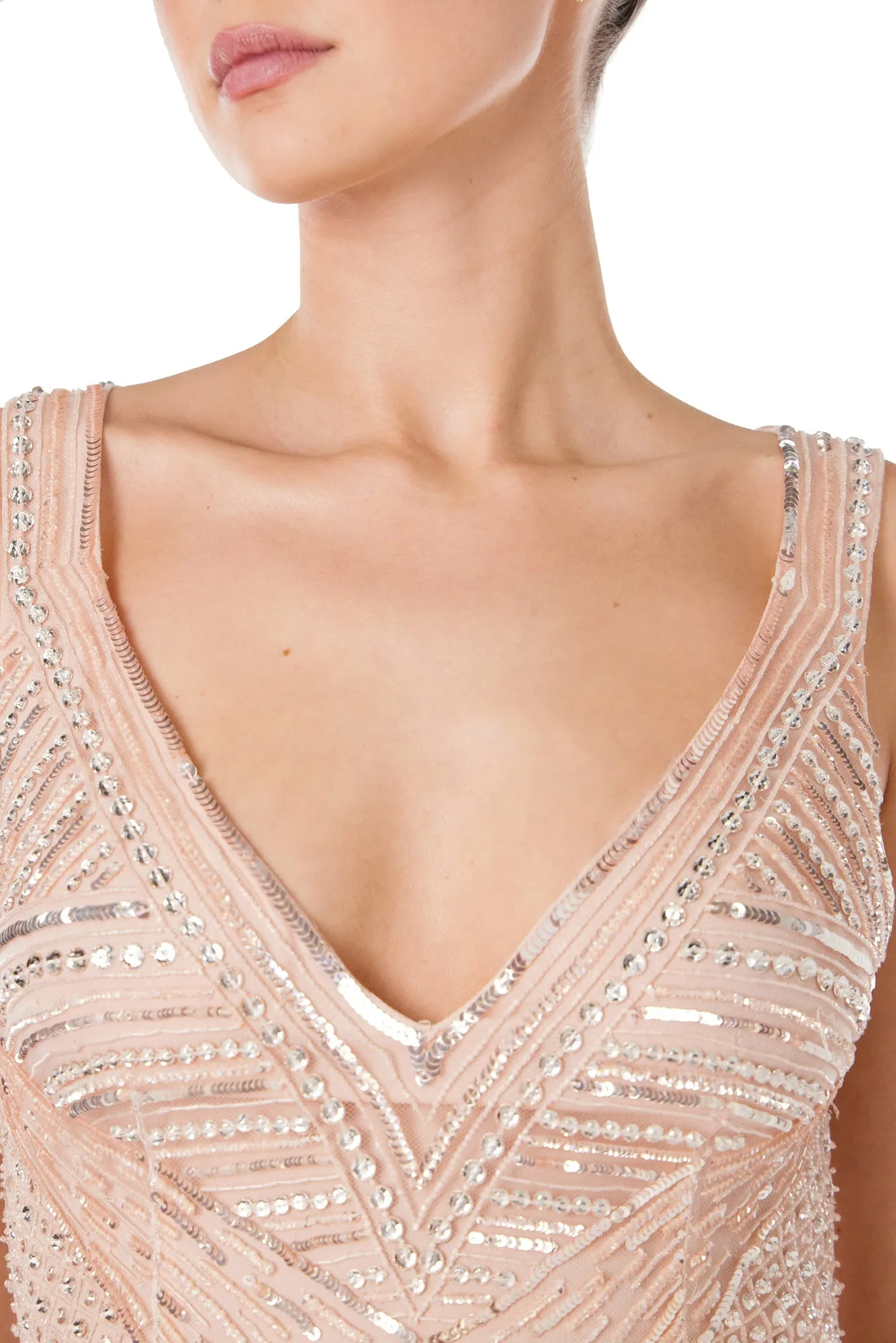 Embroidered Tulle Deep V-Neck Gown