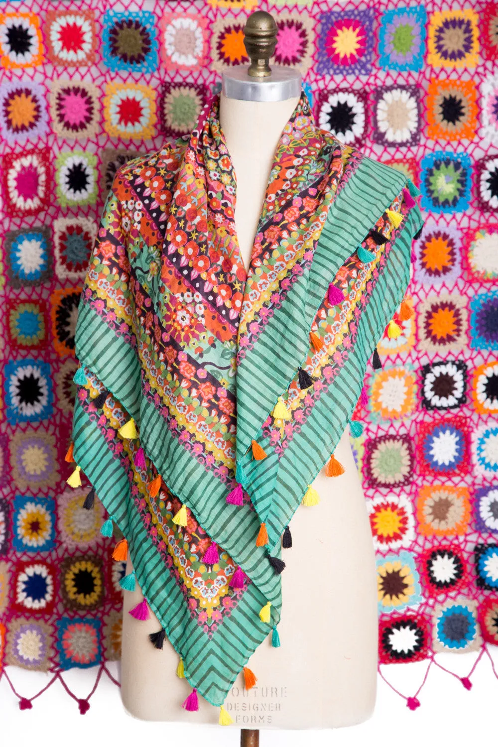 Floral Tassel Scarf in Forest