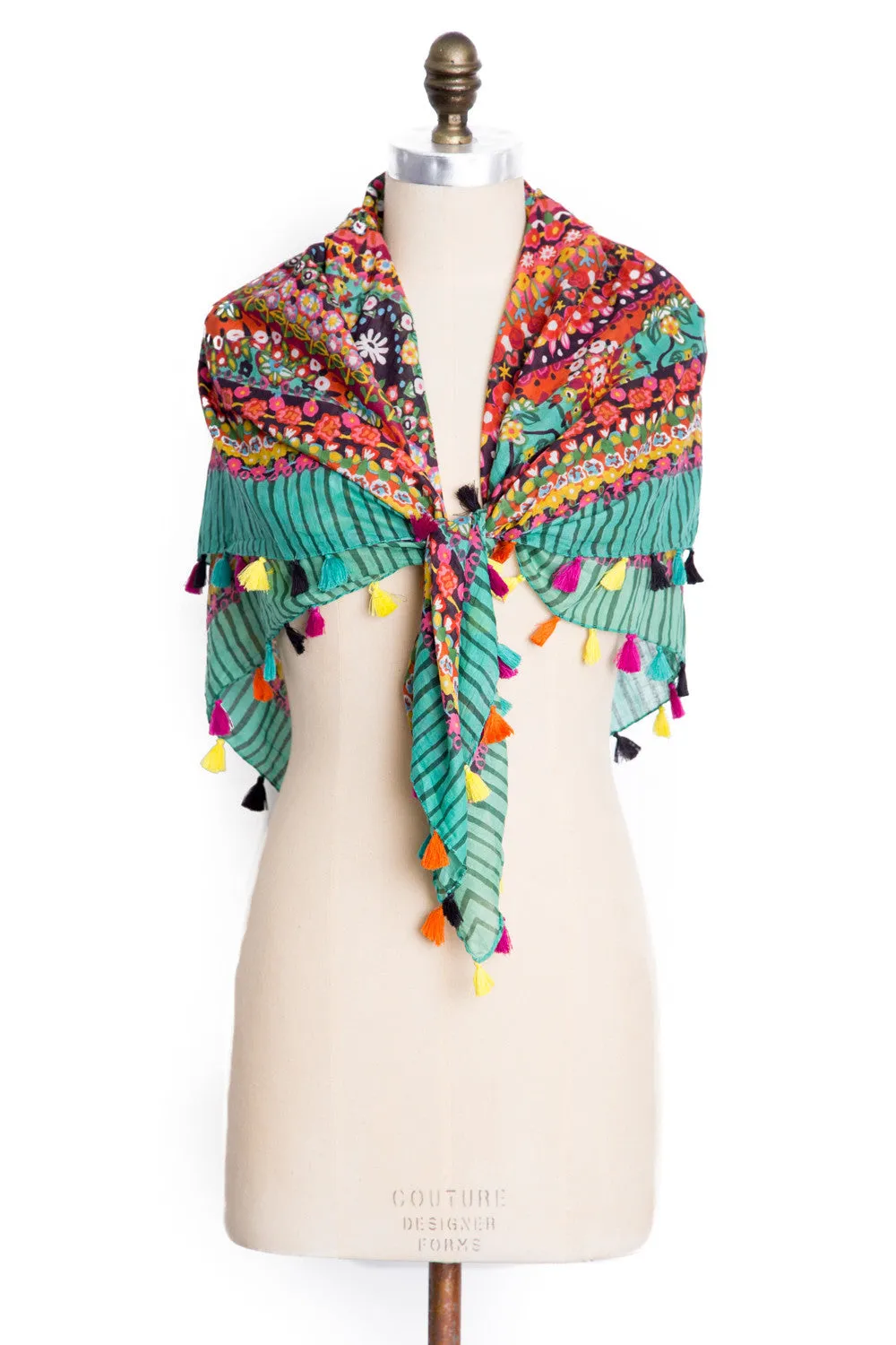 Floral Tassel Scarf in Forest