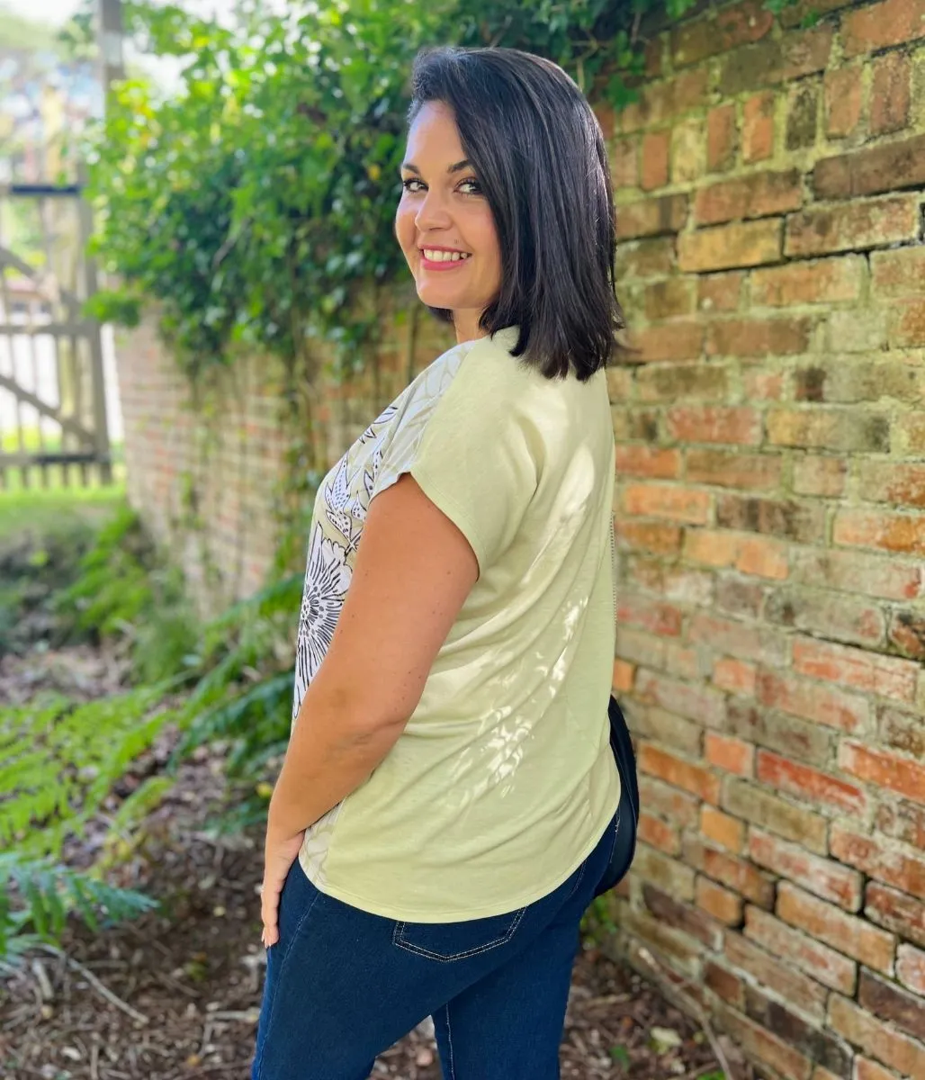 Green Flower Print Cap Sleeve Top