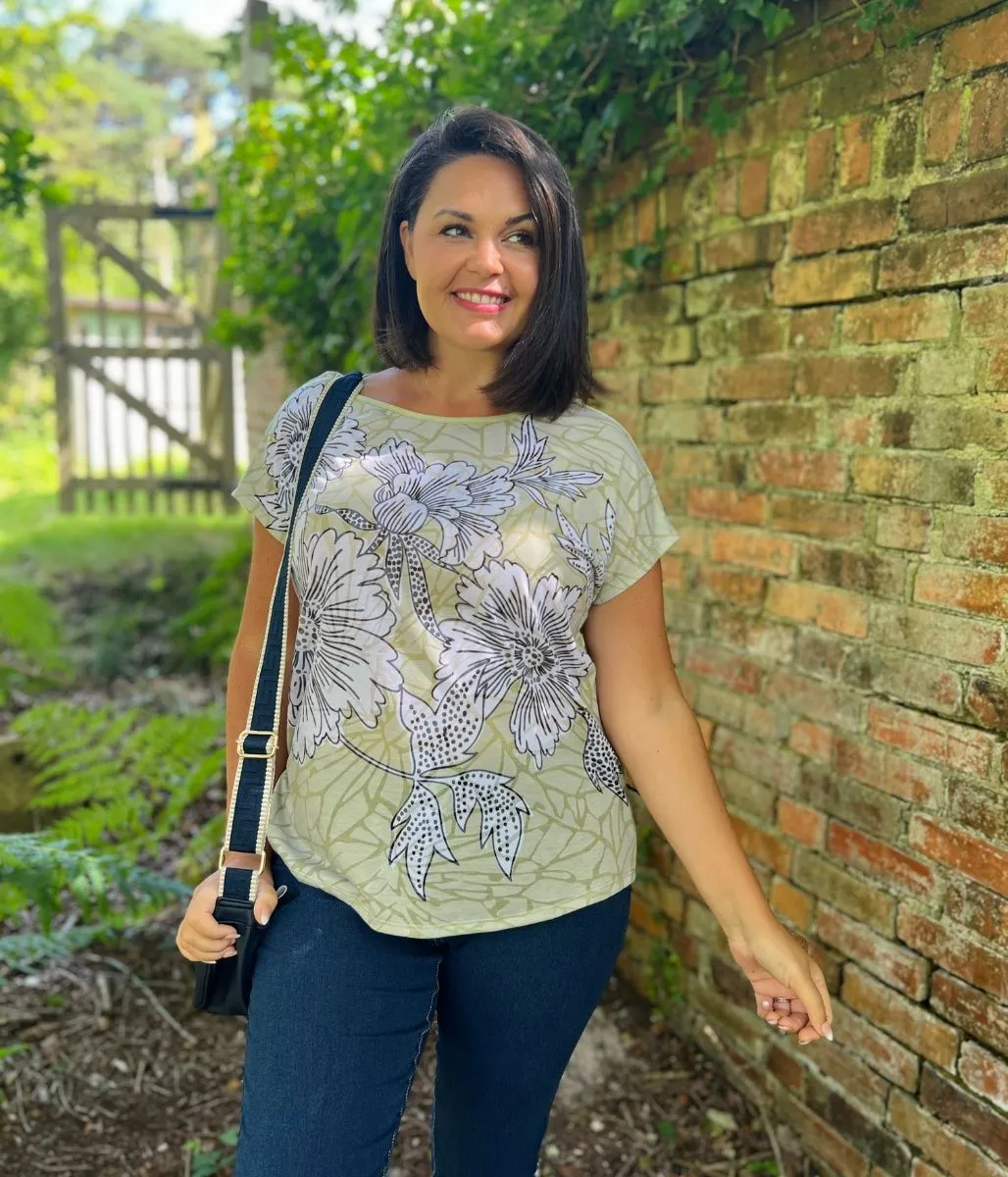 Green Flower Print Cap Sleeve Top