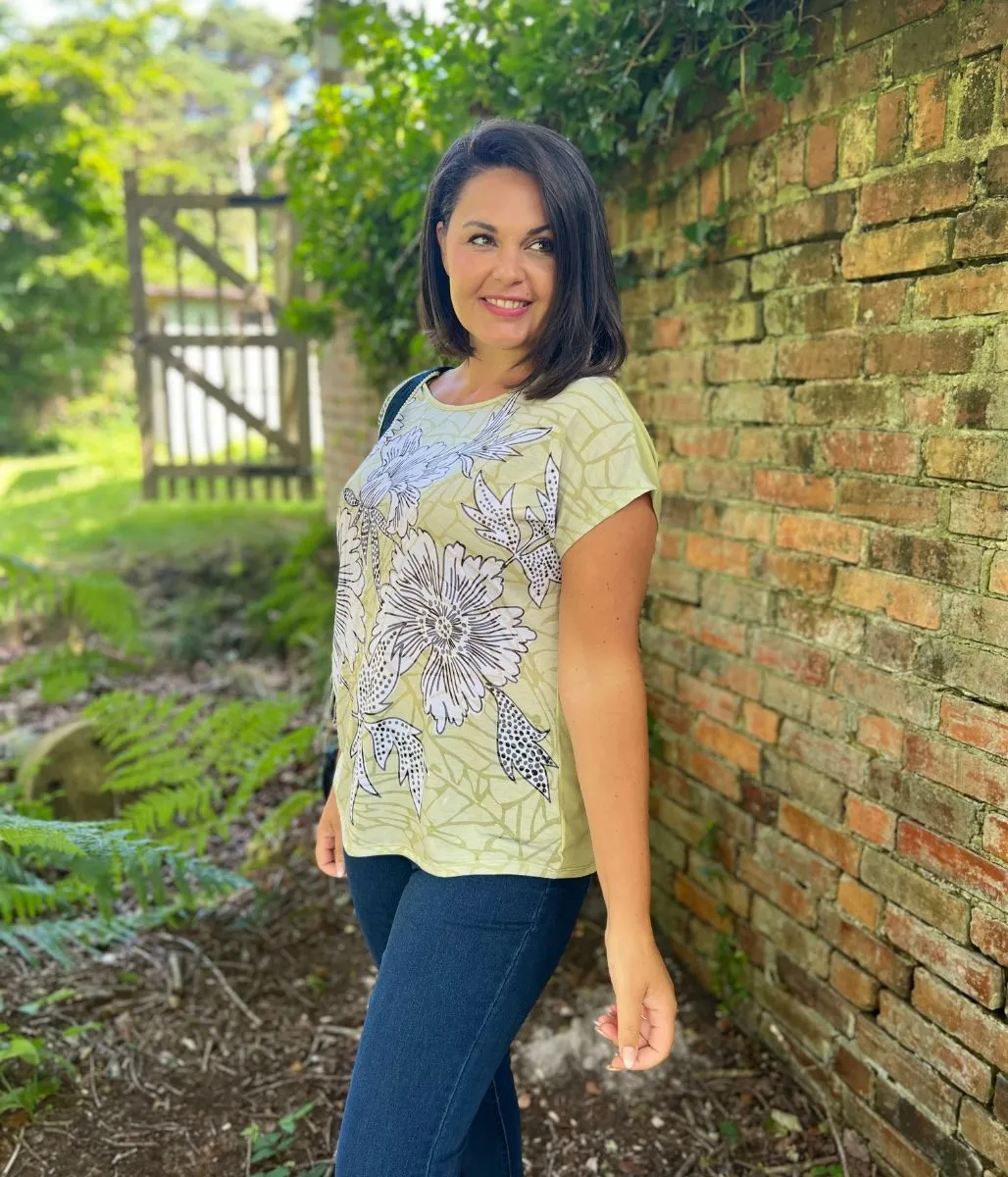 Green Flower Print Cap Sleeve Top