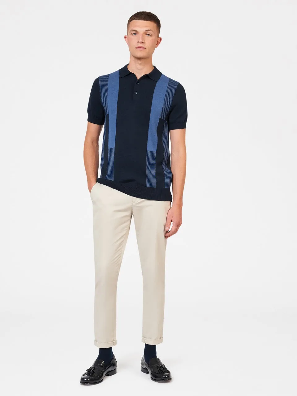 Intarsia Stripe Knit Polo - Dark Navy