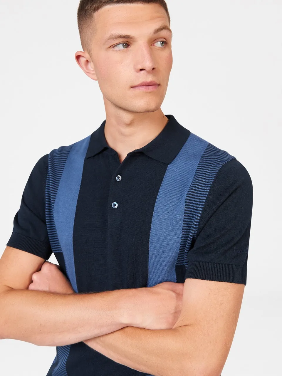Intarsia Stripe Knit Polo - Dark Navy