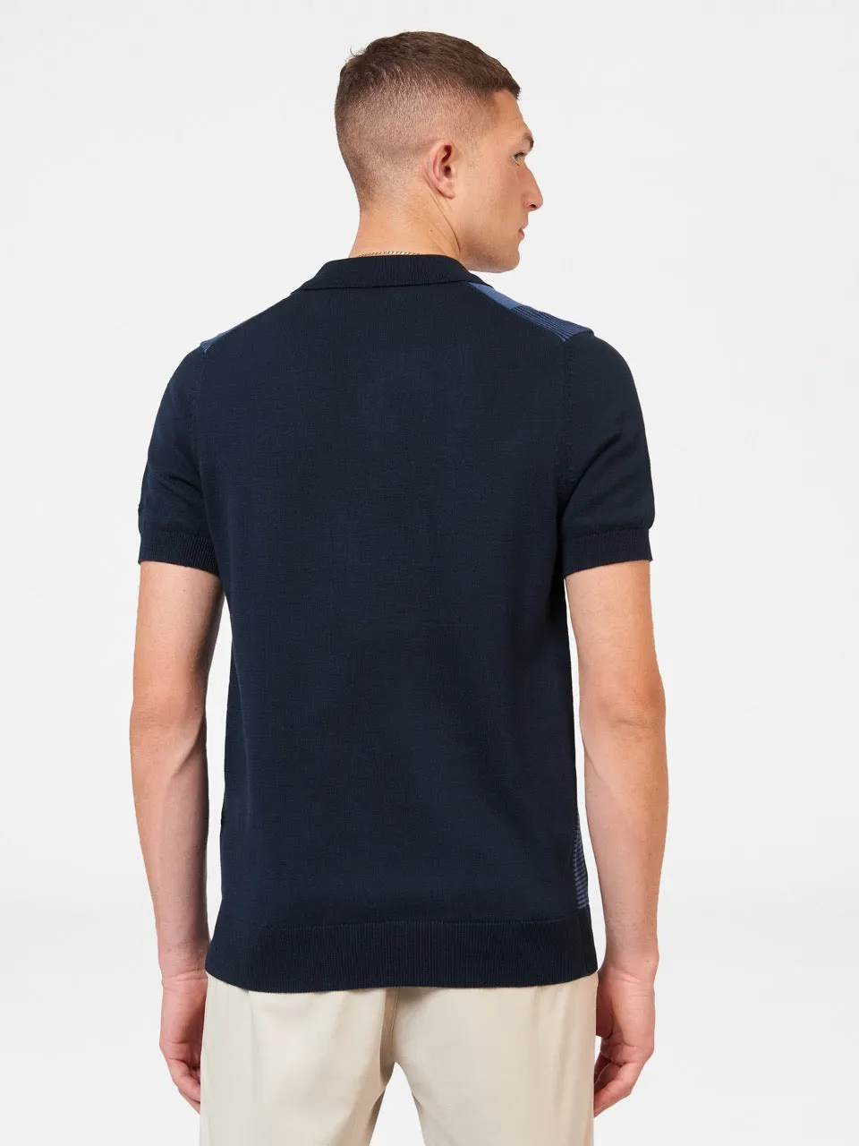 Intarsia Stripe Knit Polo - Dark Navy