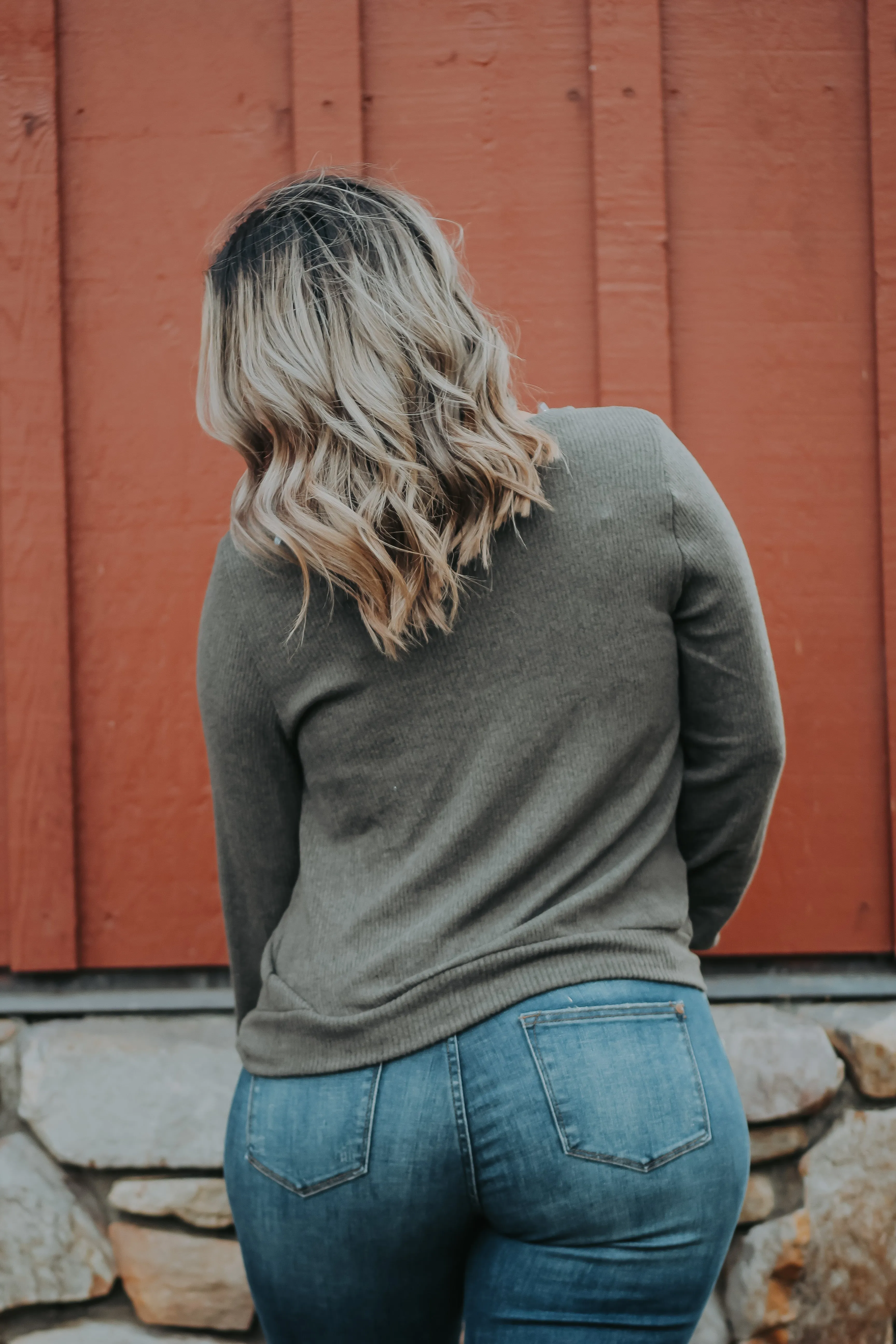 Olive Side Slit Button Detail Top