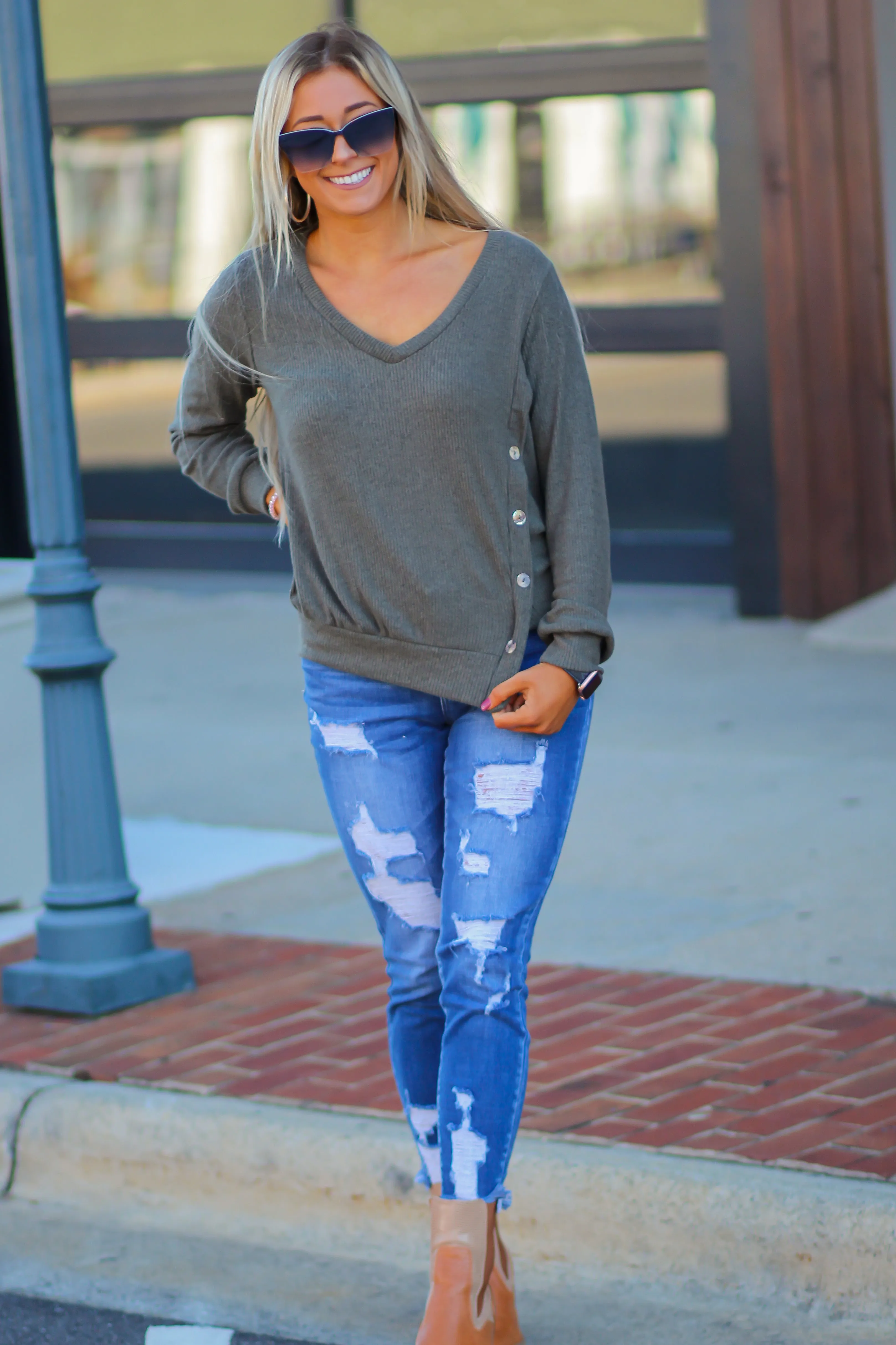 Olive Side Slit Button Detail Top