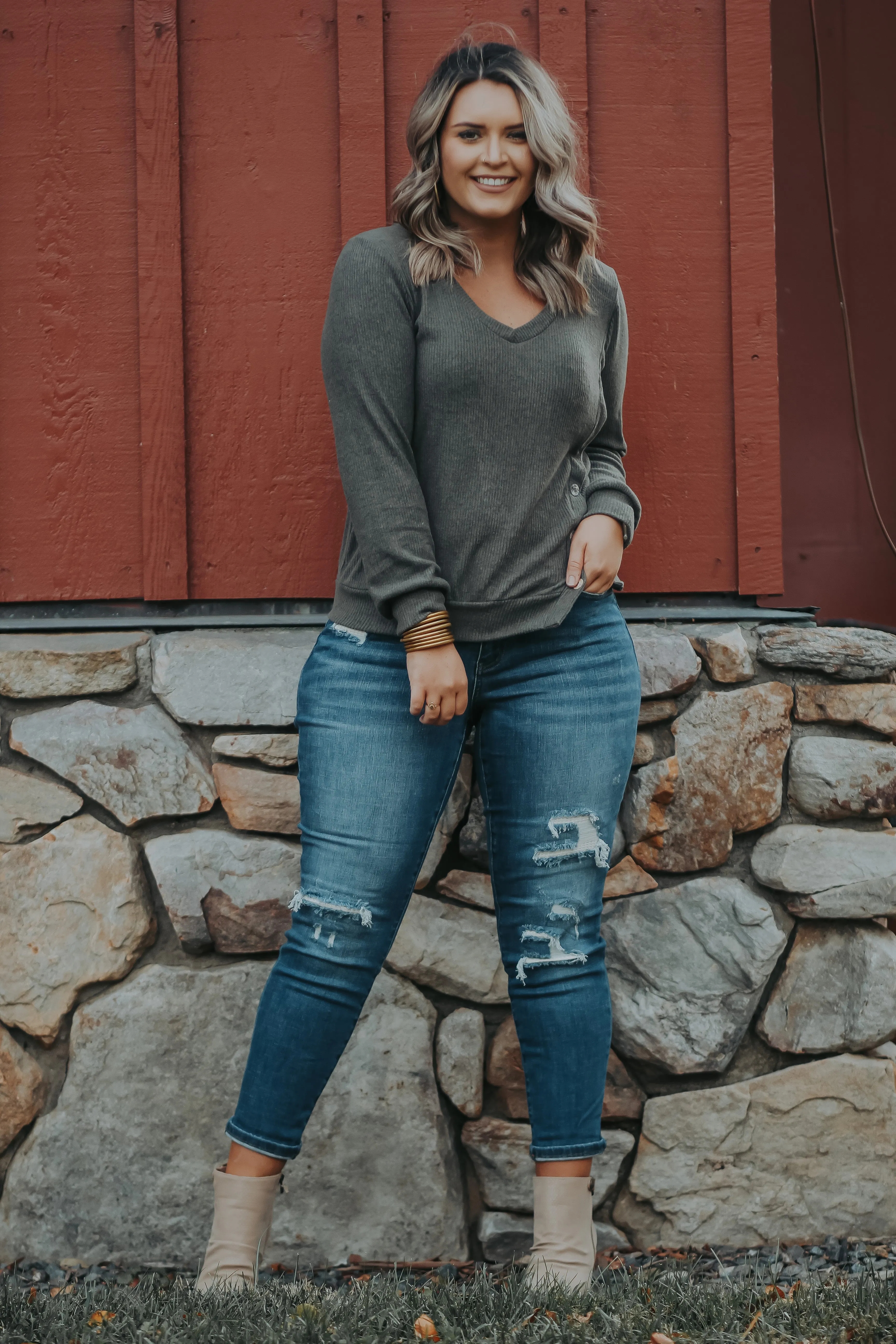 Olive Side Slit Button Detail Top