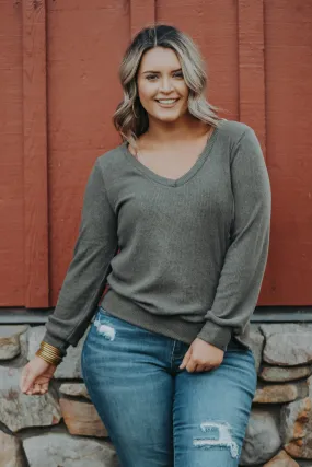 Olive Side Slit Button Detail Top