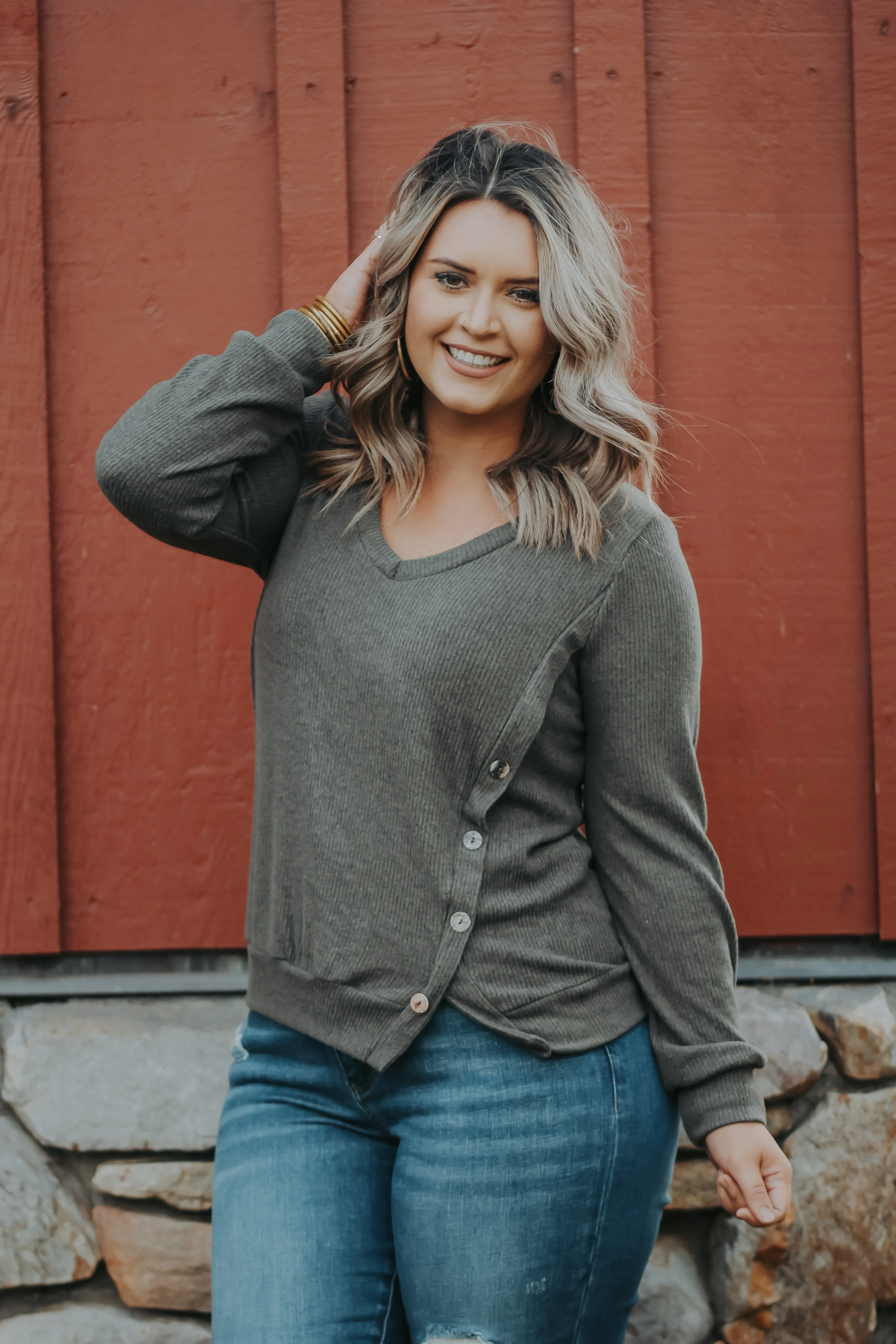 Olive Side Slit Button Detail Top