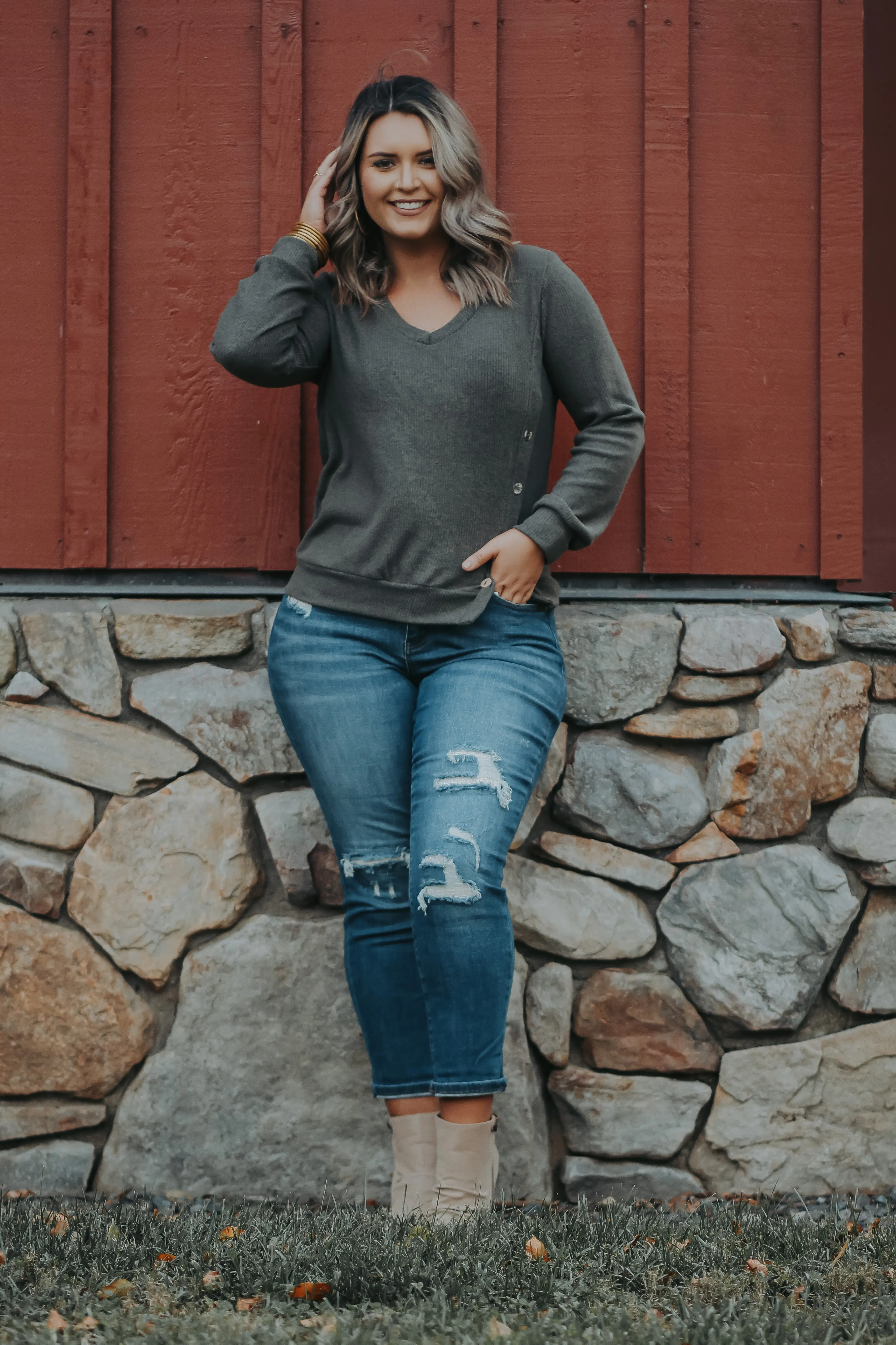 Olive Side Slit Button Detail Top