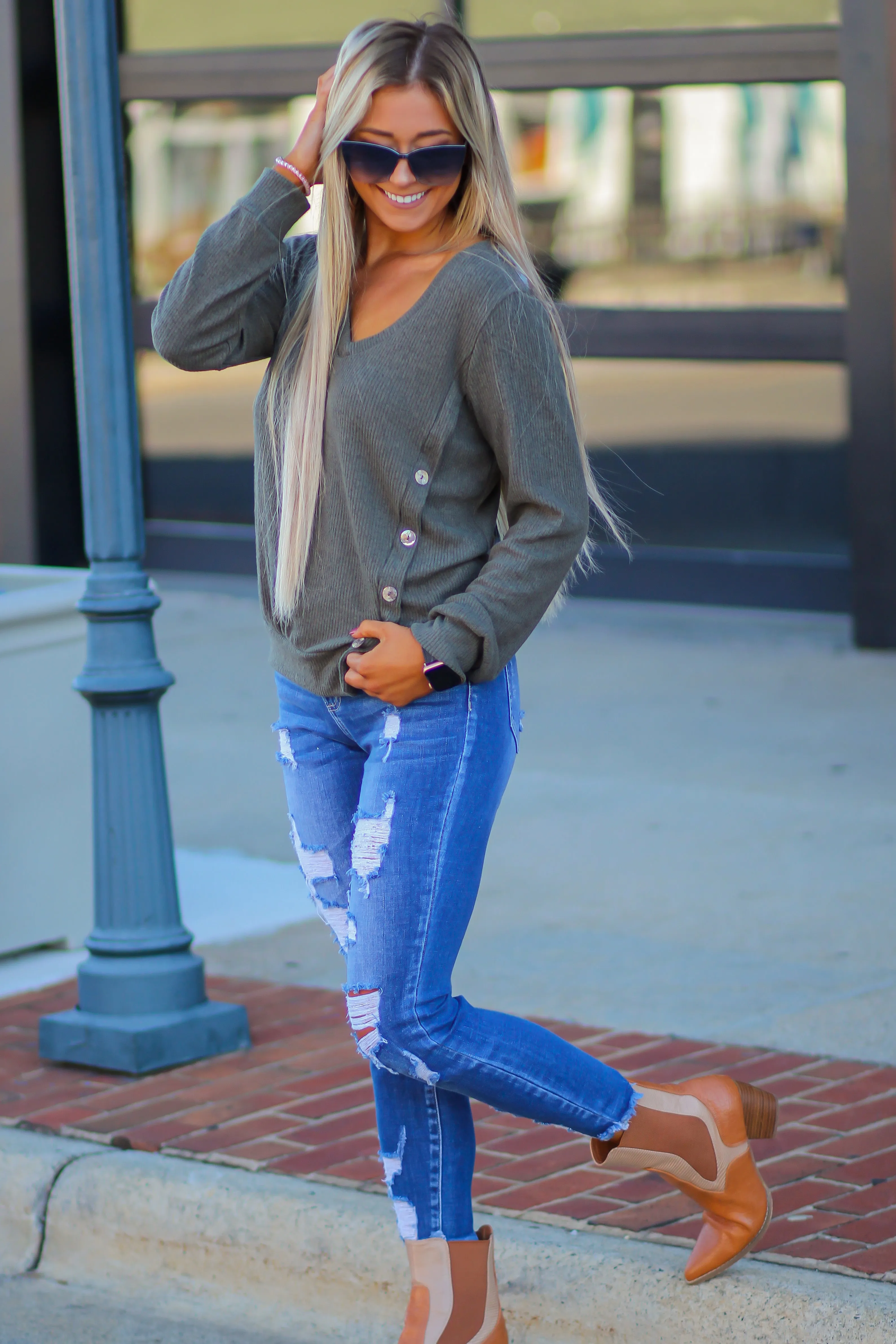 Olive Side Slit Button Detail Top
