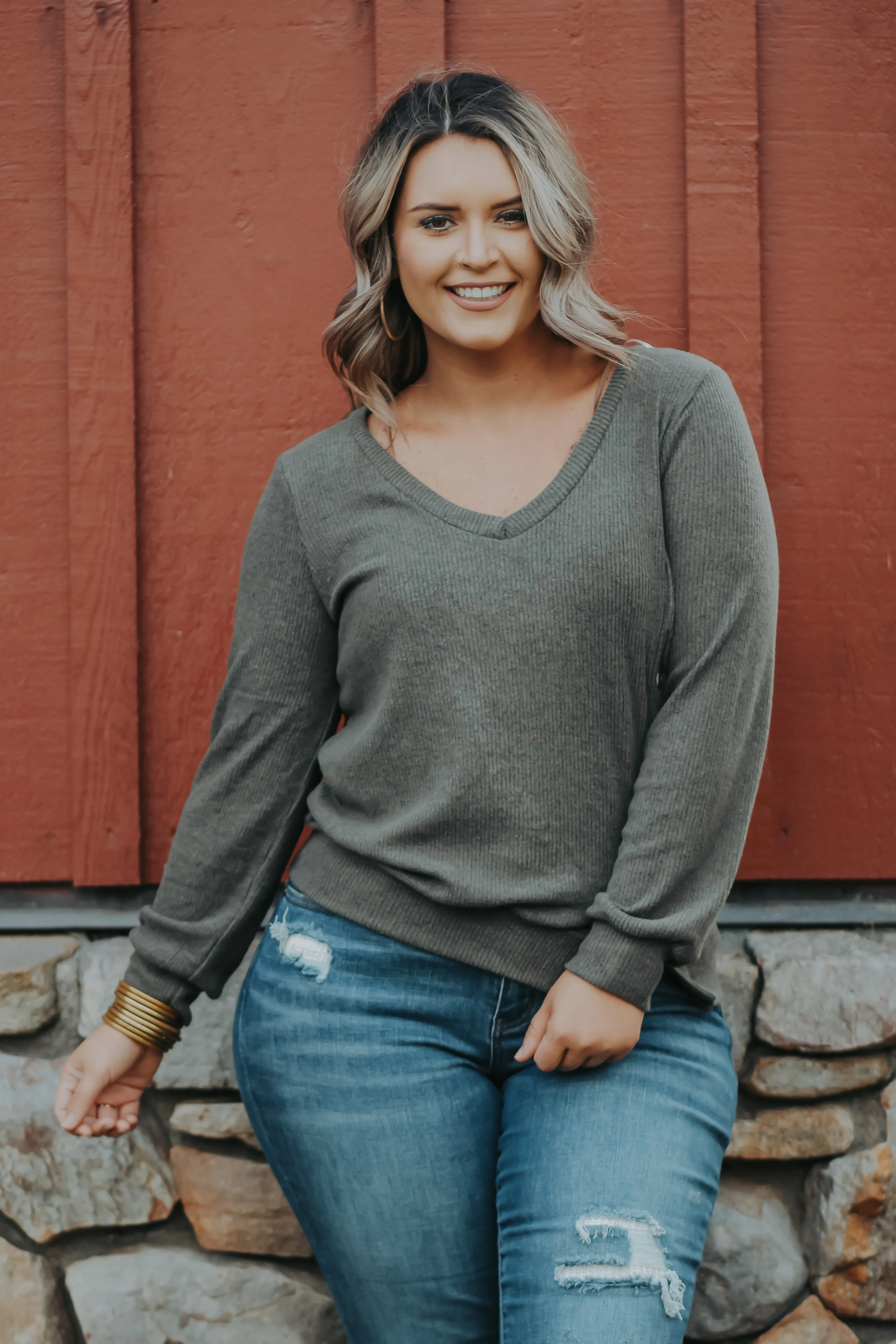 Olive Side Slit Button Detail Top