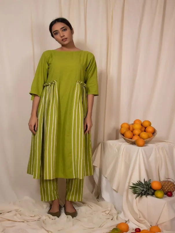 Sweetlime Green Plain And Stripes Gathered Panel Dress