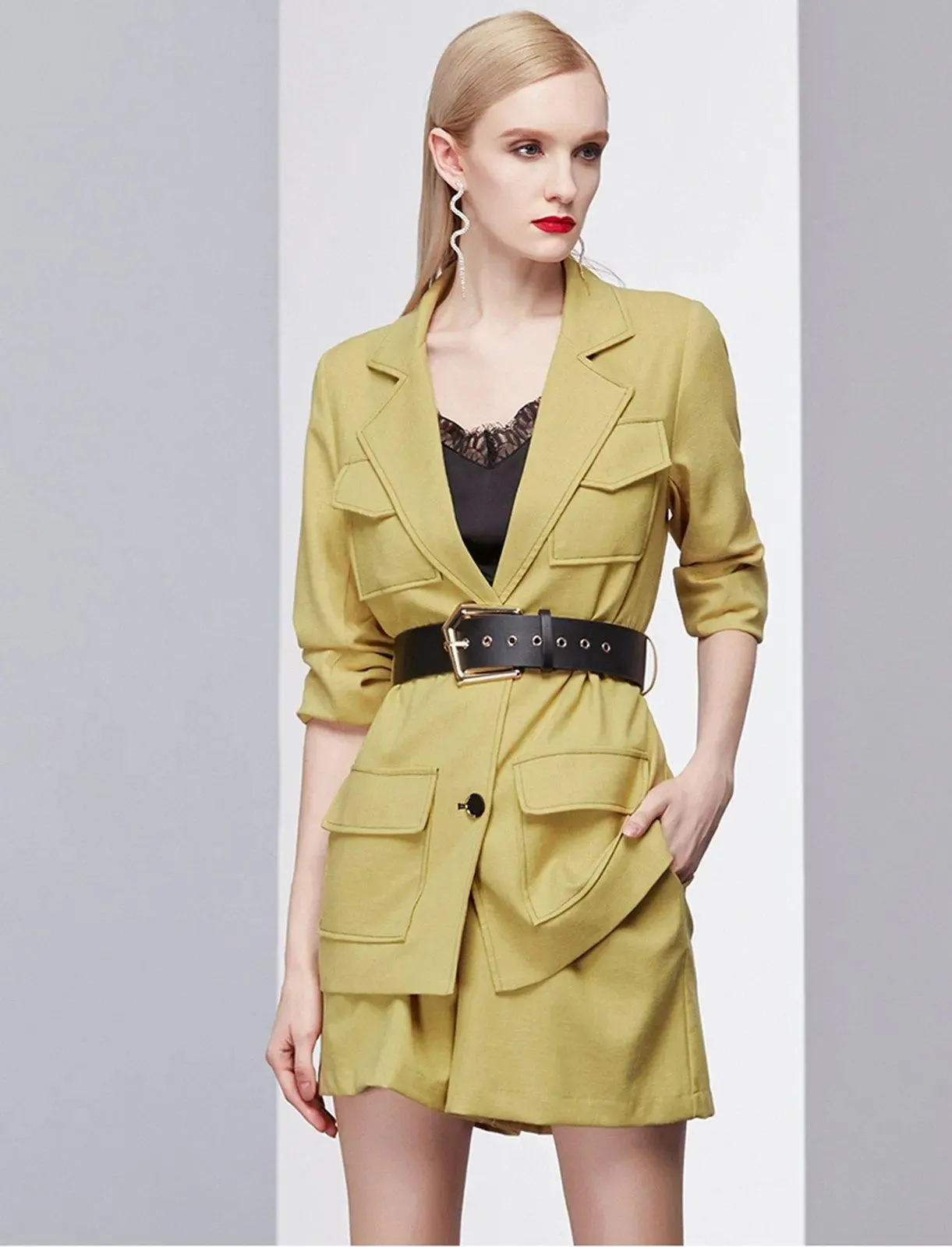 Yellow Belted Blazer & Mini Shorts Set