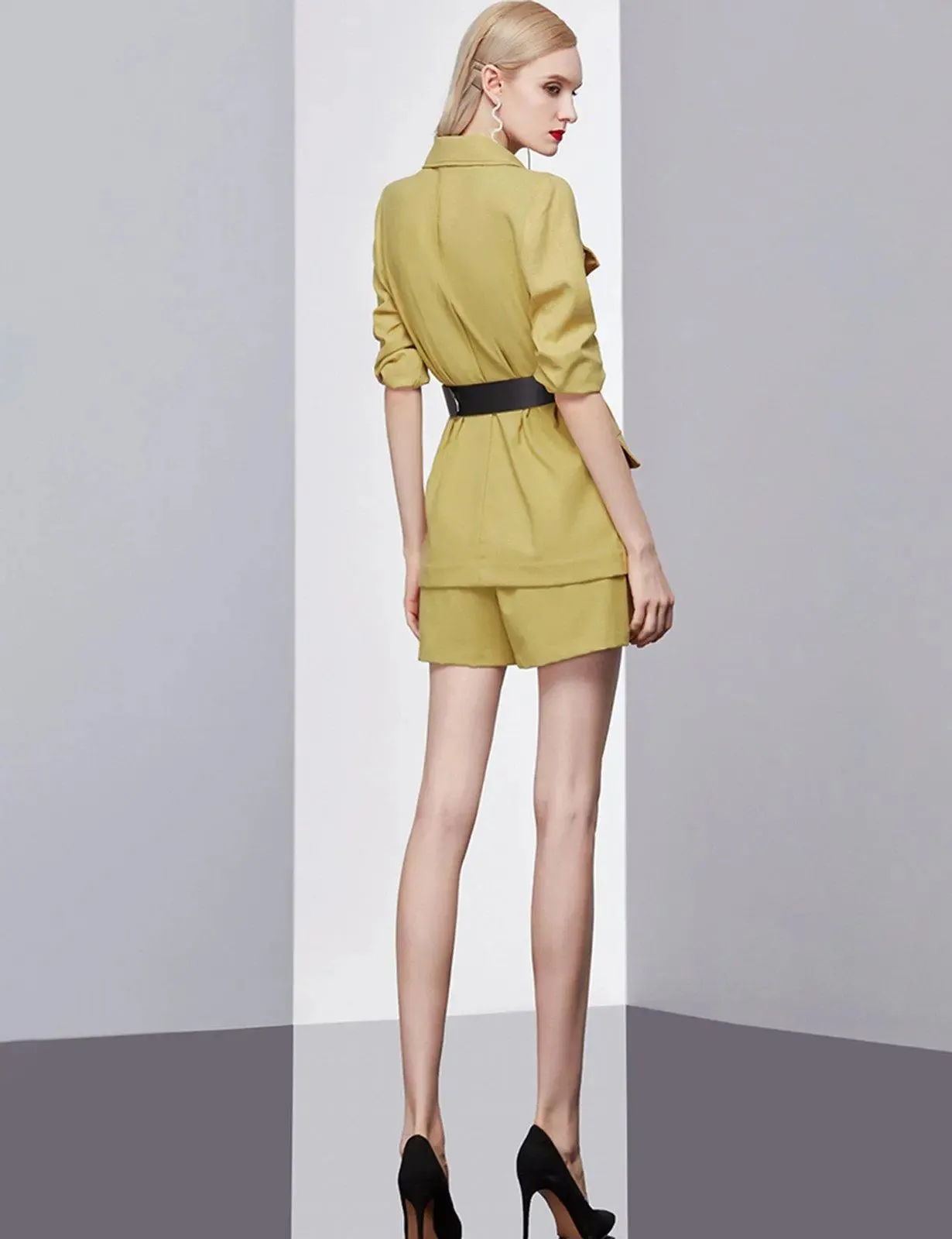 Yellow Belted Blazer & Mini Shorts Set