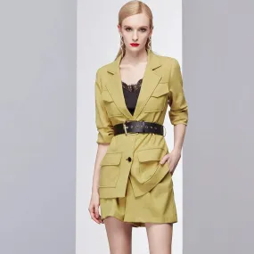 Yellow Belted Blazer & Mini Shorts Set