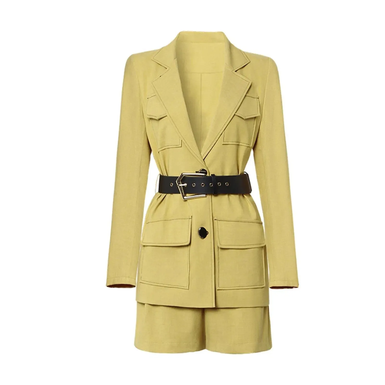 Yellow Belted Blazer & Mini Shorts Set